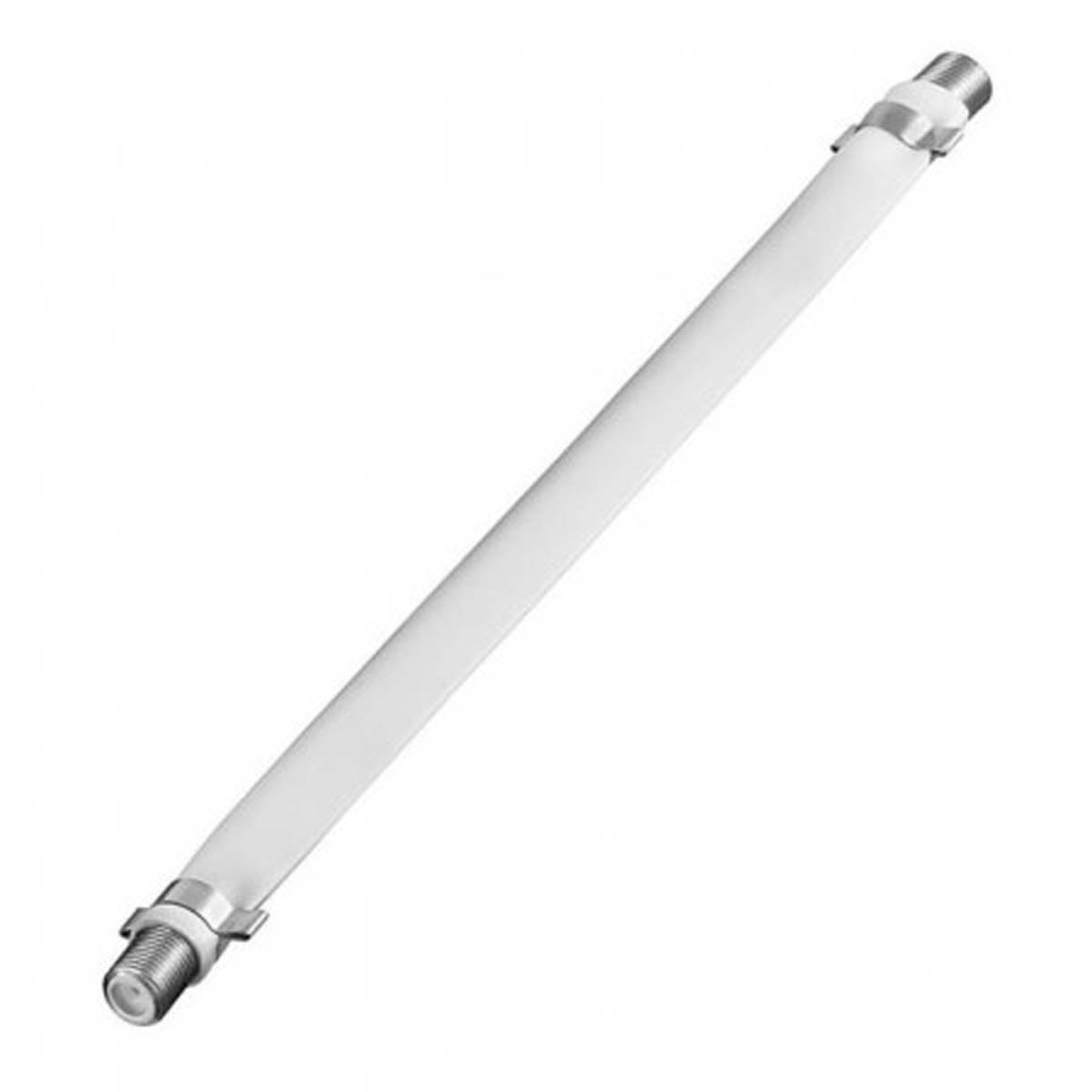 Eine weiße und silberne Antenne. Sie ist lang und hat Anschlüsse an beiden Enden. Auf weißem Grund.