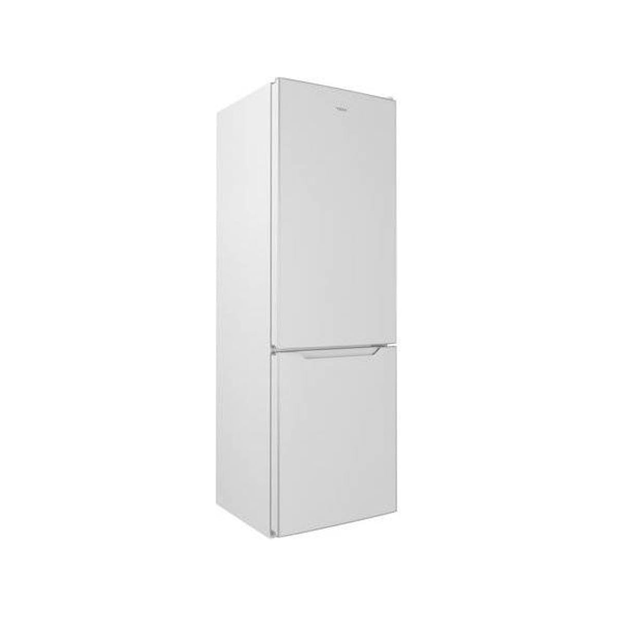 Biała lodówka z dwiema drzwiami. Zamrażarka jest na dole.