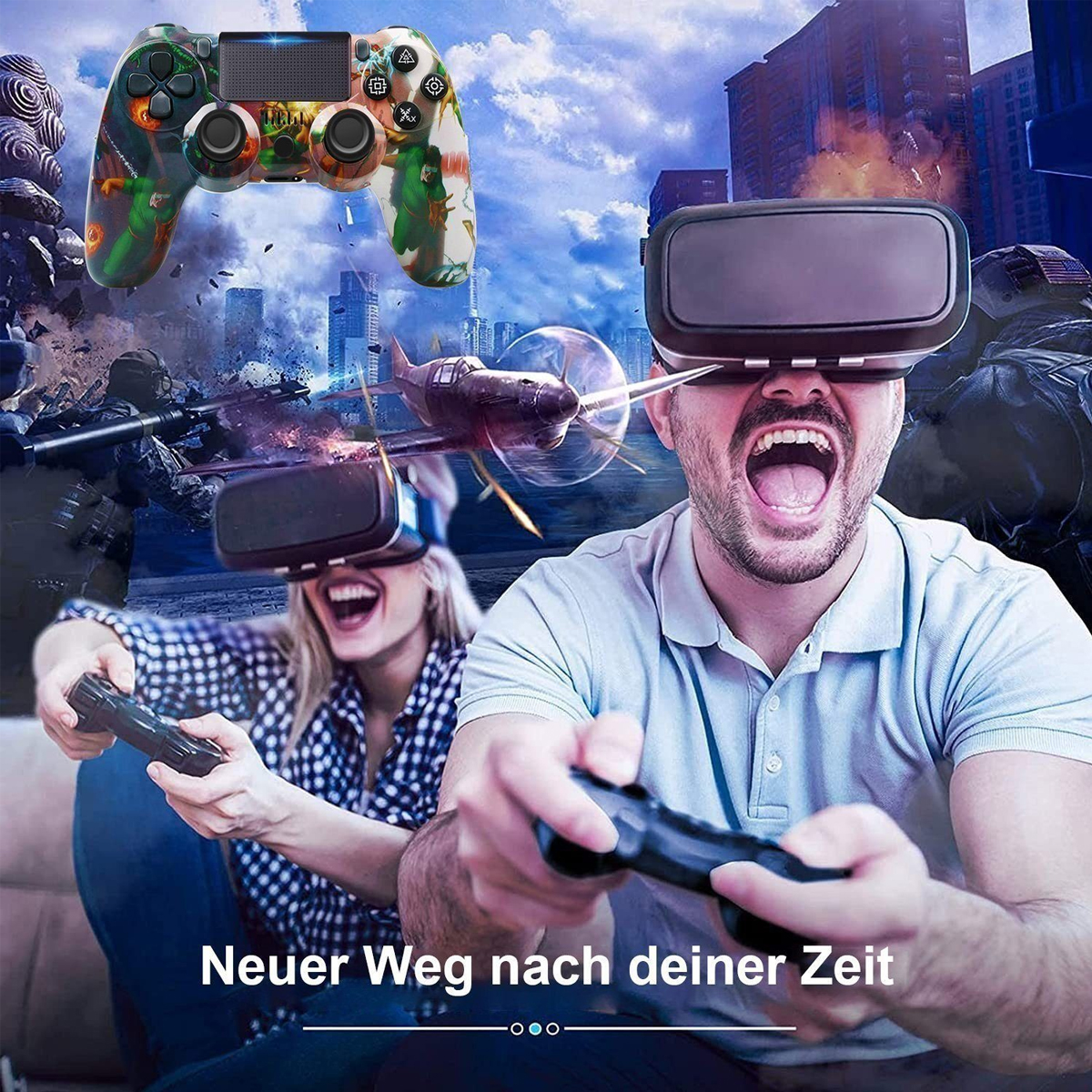 Zwei Personen spielen VR-Spiele. Ein Controller und ein VR-Headset sind sichtbar, ebenso wie eine Stadtkulisse.