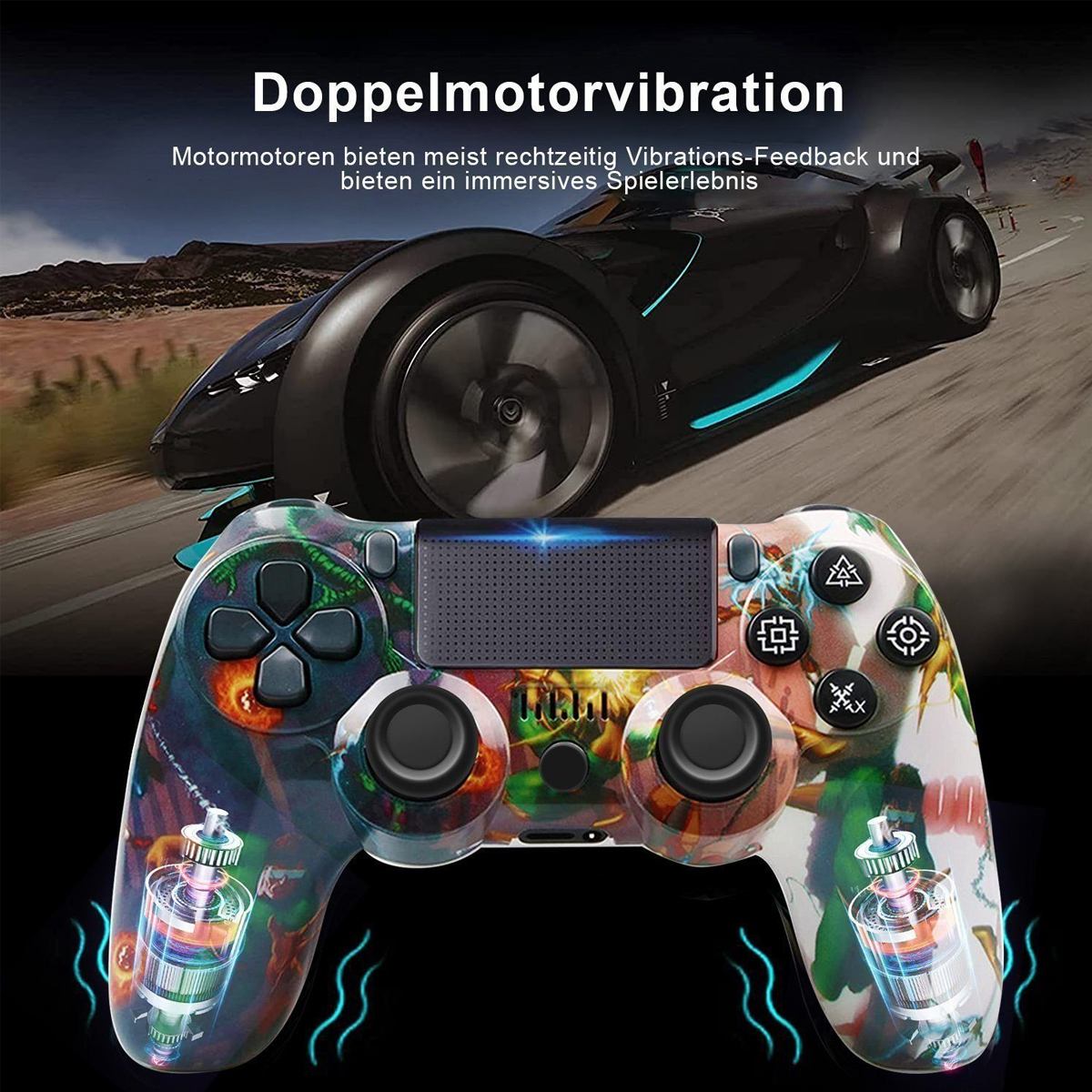 Ein bunt gemusterter Gamecontroller mit einem schwarzen Auto im Hintergrund. Text: 'Doppelmotorvibration'.