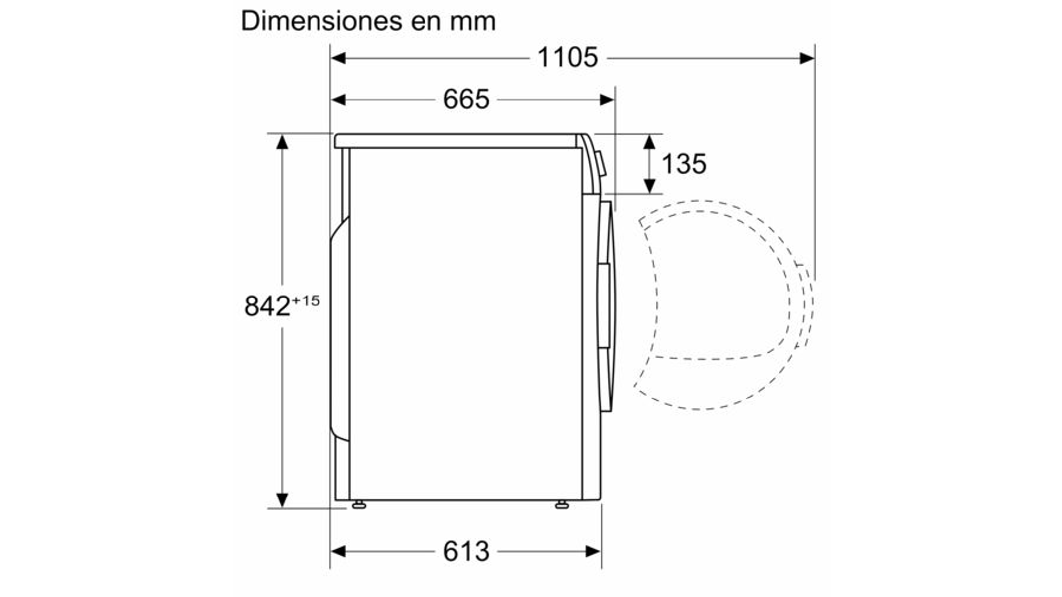 Disegno tecnico di una lavatrice con dimensioni.
