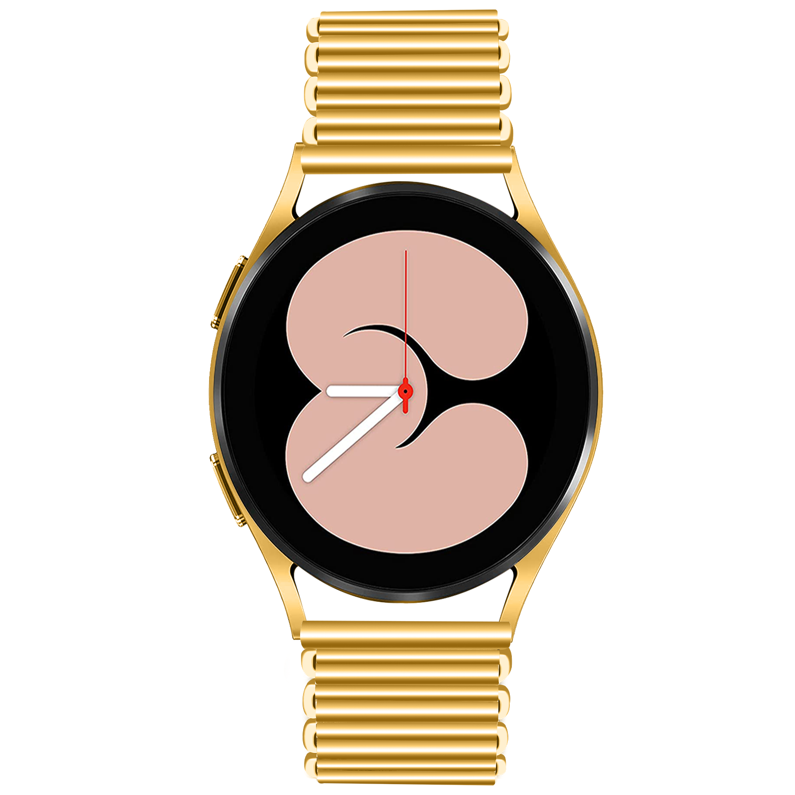 Eine goldene Smartwatch. Das Zifferblatt zeigt eine Uhr und einen Sekundenzeiger.