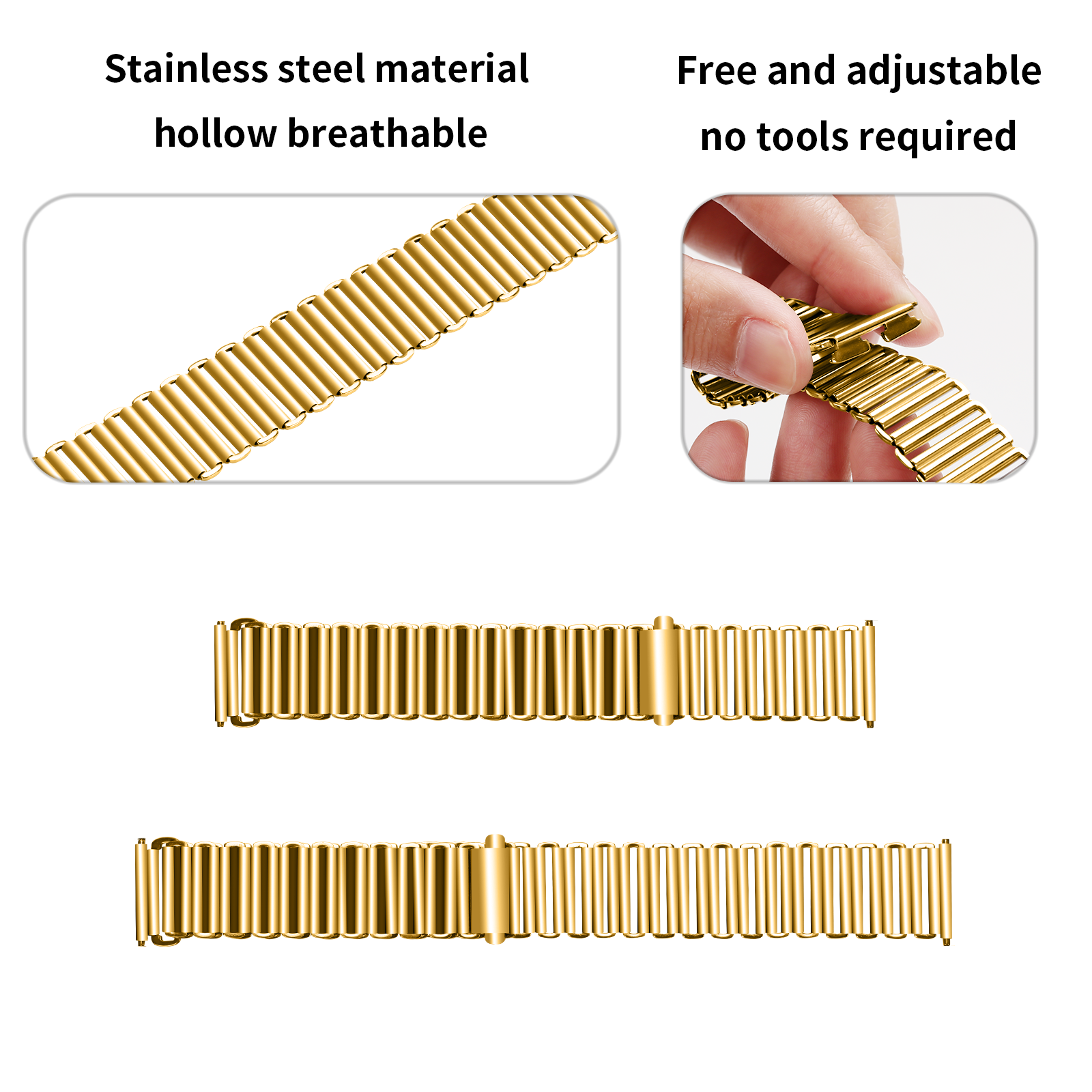 Details des goldenen Uhrenarmbands: Edelstahl, Hohlraumdesign und verstellbarer Verschluss.