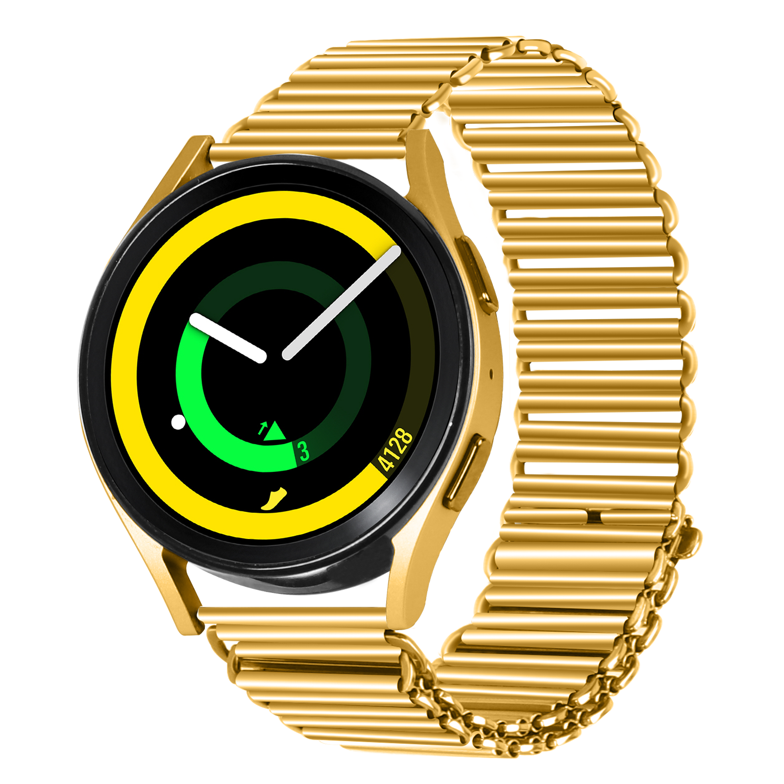 Goldene Smartwatch mit schwarzem und gelbem Bildschirm. Die Uhr befindet sich an einem goldenen Armband.