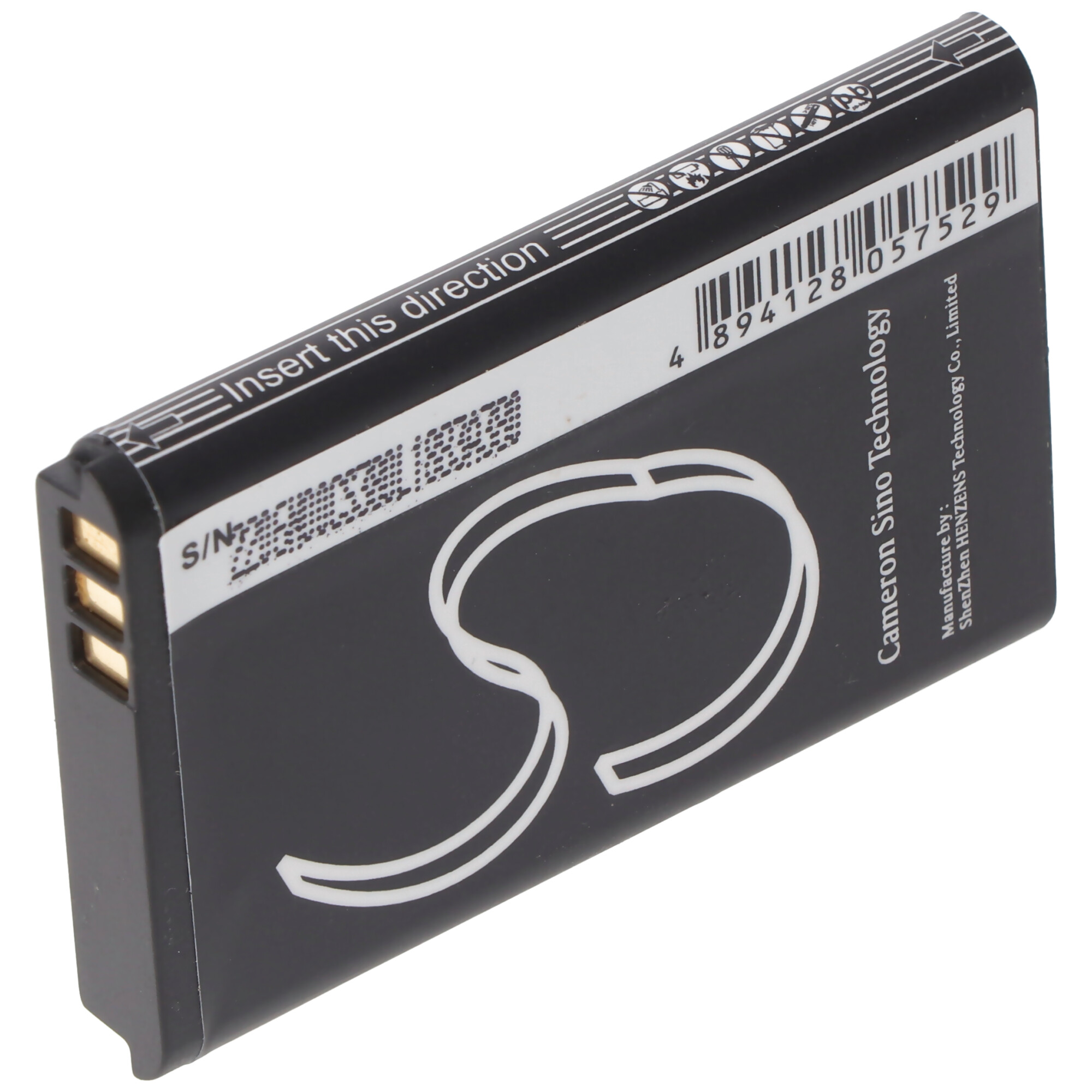 Eine schwarze Batterie mit Text und einem weißen S.