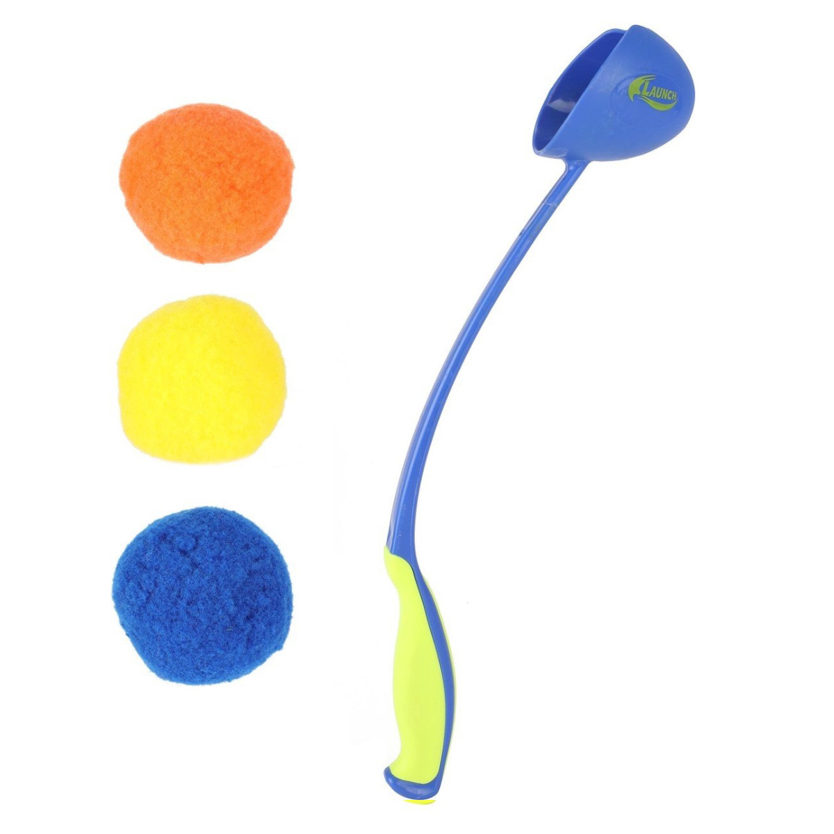 Blauer Ballwerfer mit drei farbigen Bällen: orange, gelb und blau, auf weißem Hintergrund.