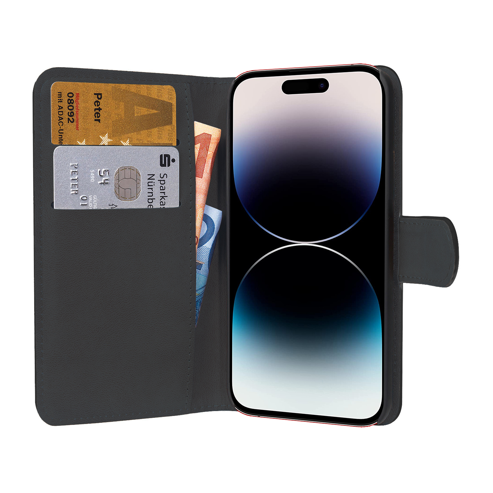 Smartphone in einer Brieftasche mit Karten und Geld darin.