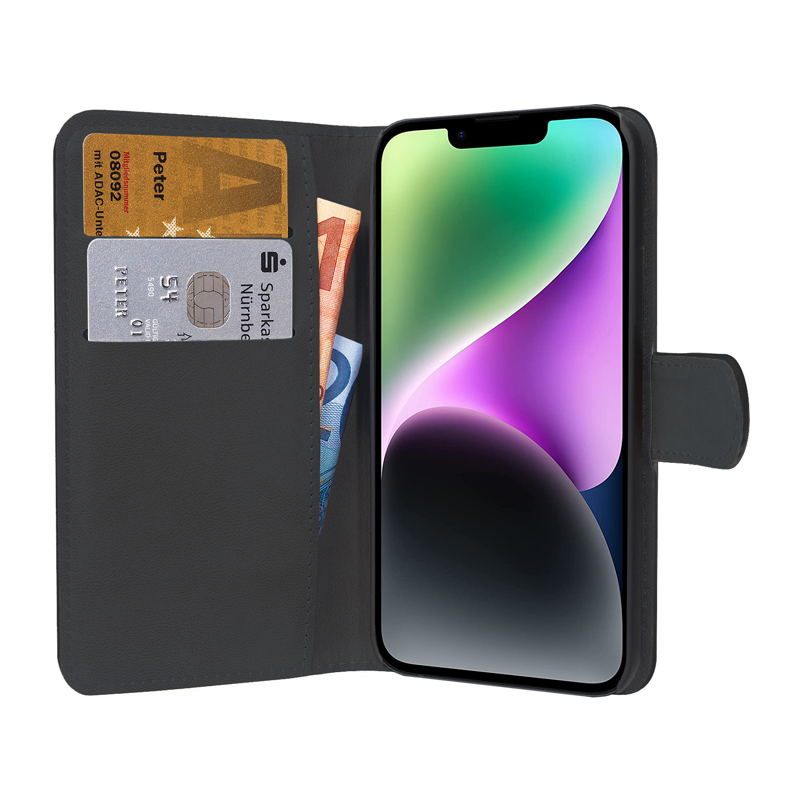 Eine Handyhülle mit Telefon, Karten und Geld. Der Hintergrund ist schlicht.