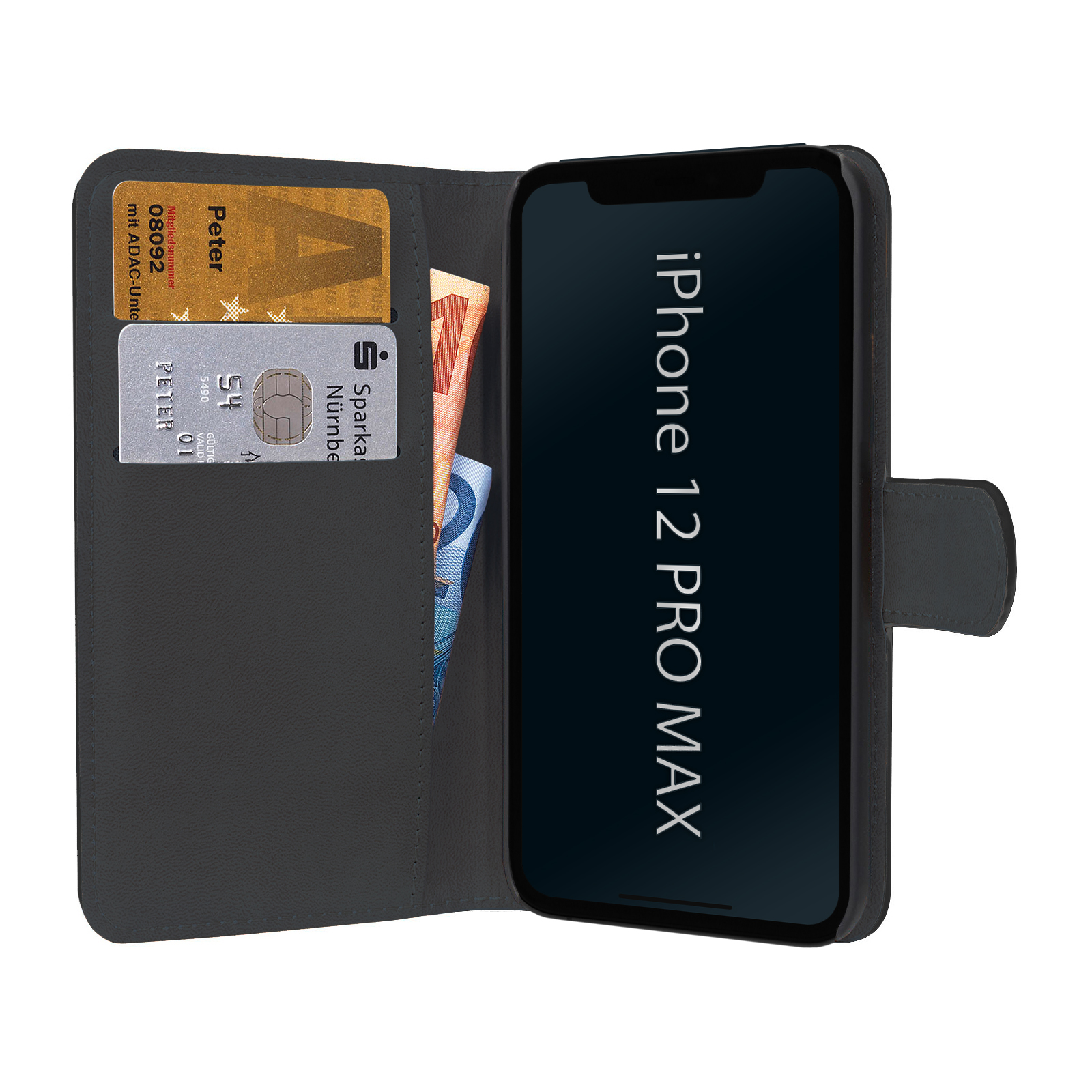 Schwarze Handyhülle mit iPhone 12 Pro Max auf dem Bildschirm, Karten und Geld innen.