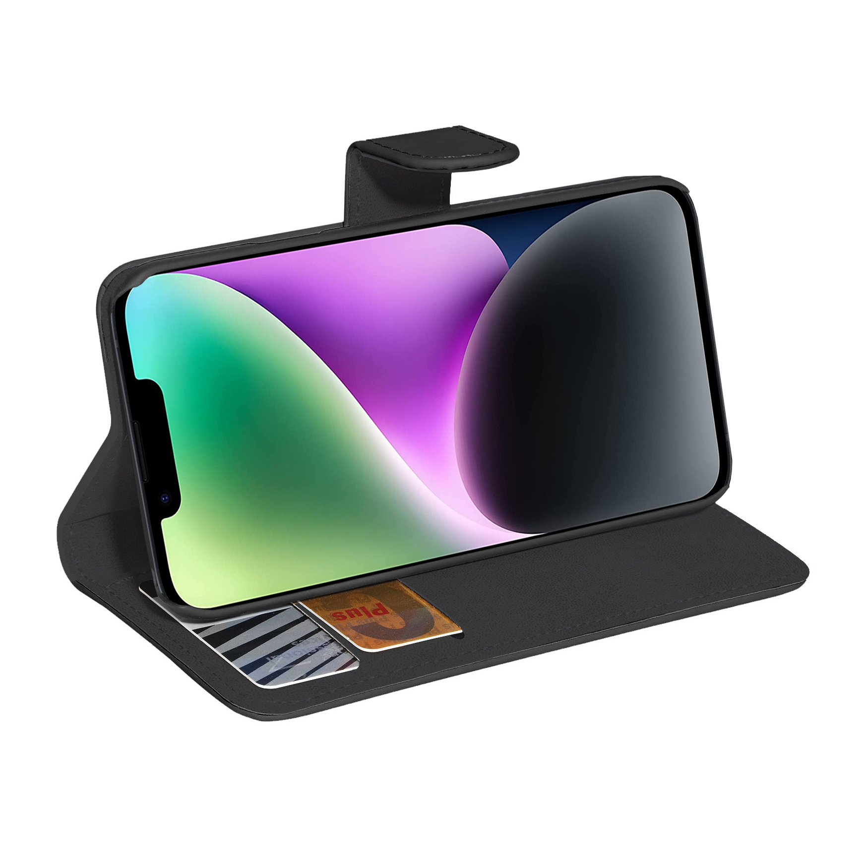Schwarze Handyhülle mit Handy, buntem Hintergrund und Kartenfach.
