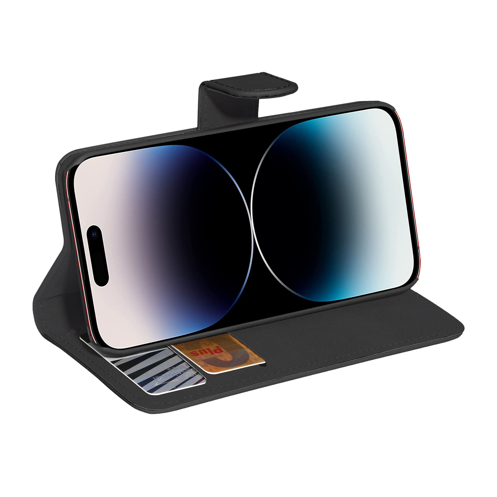 Ein Telefon in einer schwarzen Brieftasche mit Karten, das den Bildschirm zeigt.