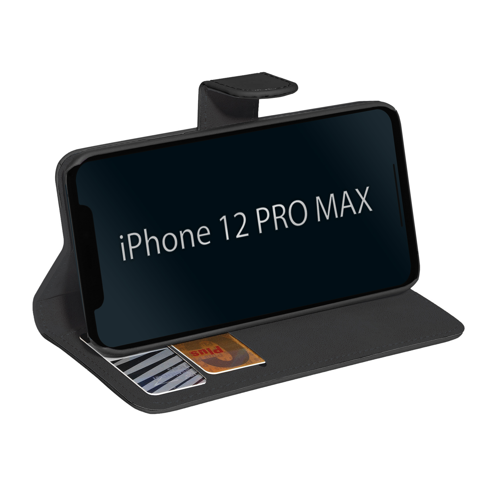 Schwarze Handyhülle mit iPhone 12 Pro Max auf dem Bildschirm. Zwei Karten im Steckplatz.