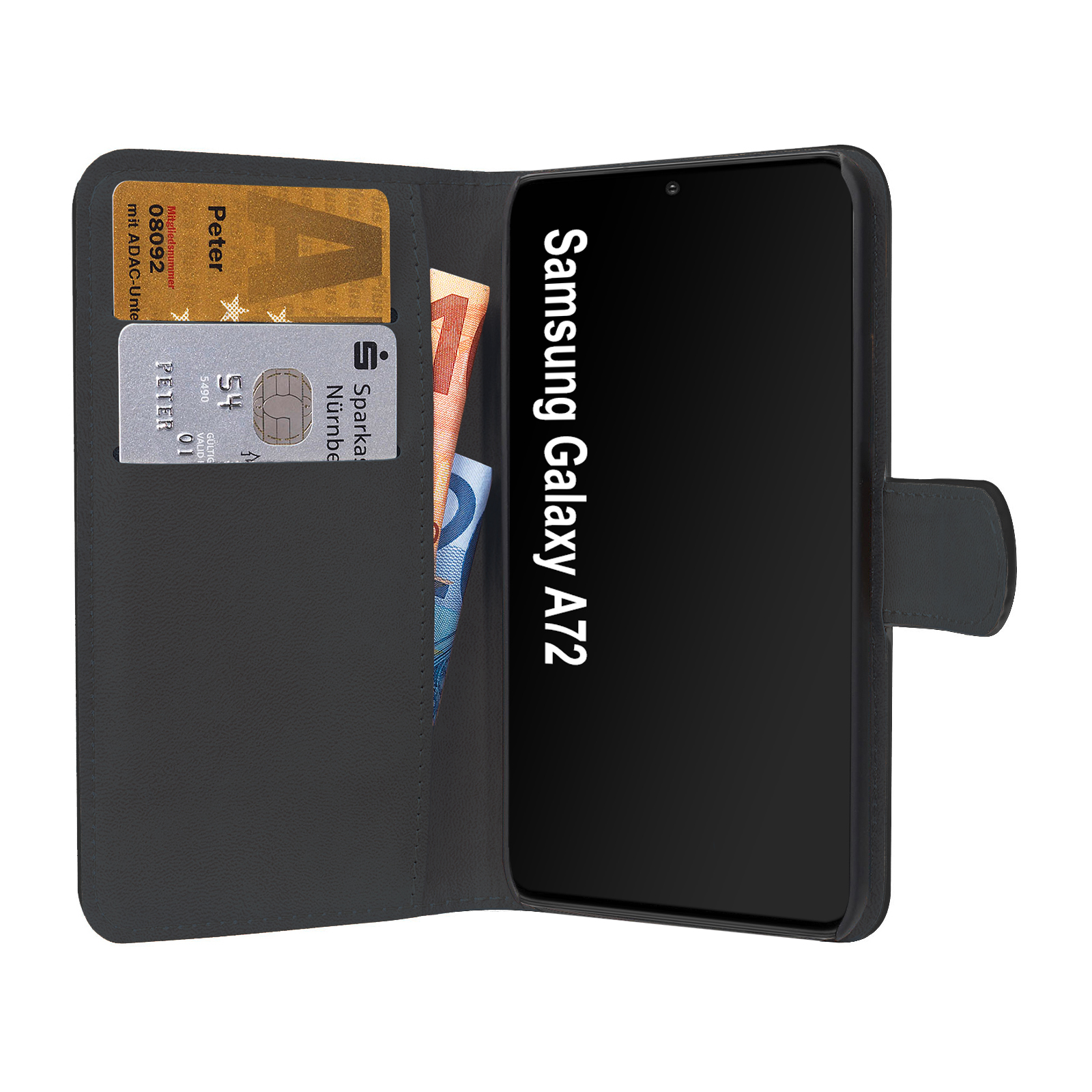 Eine schwarze Handyhülle mit Handy, Karten und Geld. Das Handy zeigt Text an.