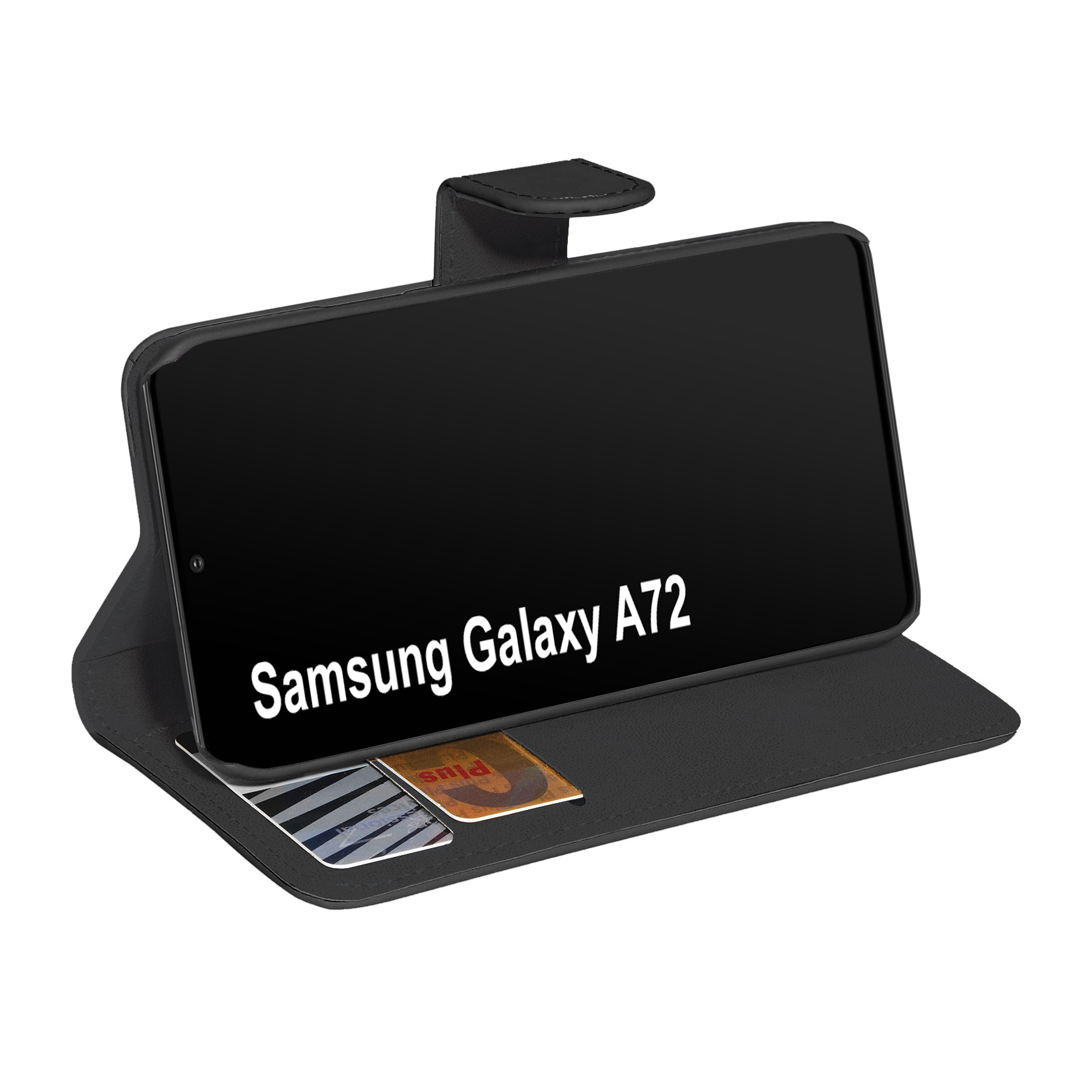 Schwarze Handyhülle mit einem Telefon darin. Es ist geöffnet und zeigt 'Samsung Galaxy A72' mit einigen Karten.