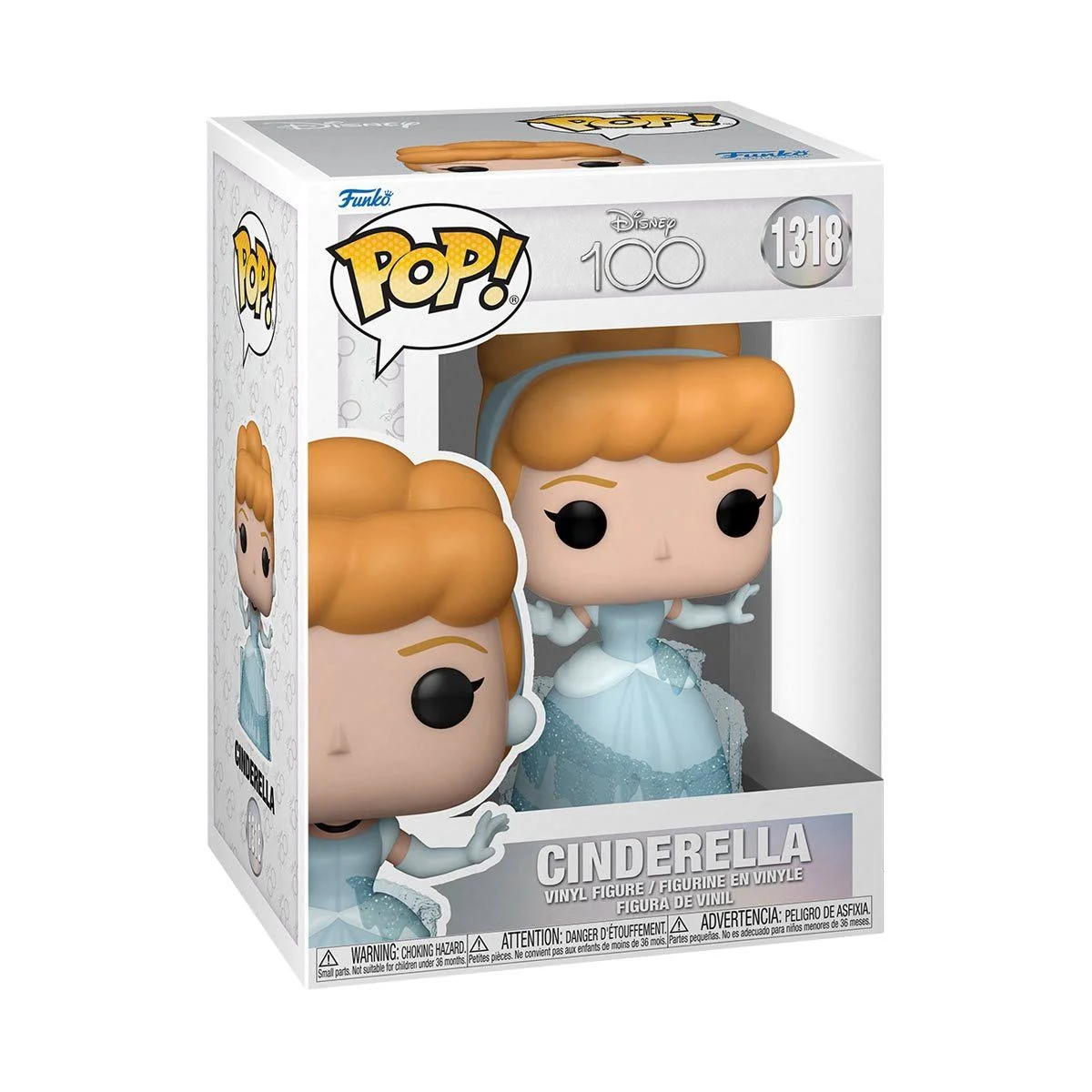 Figurina di Cenerentola Funko Pop in una scatola. Indossa un vestito blu e tende le braccia.