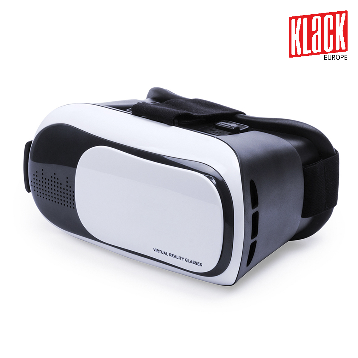 Gafas VR. Diseño blanco y negro con correa. Etiqueta 'Virtual Reality Glasses'.