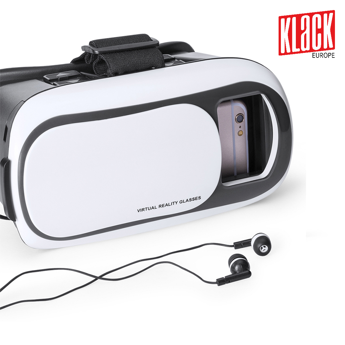 Gafas de realidad virtual con teléfono dentro y auriculares. Diseño blanco y negro.