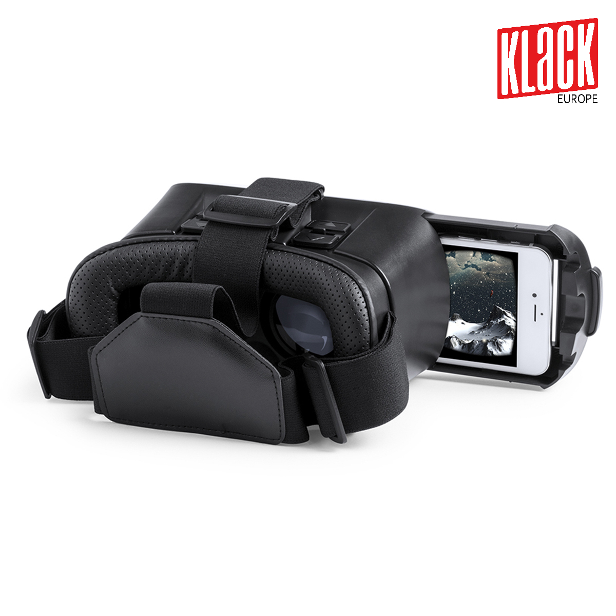 Gafas de realidad virtual negras con un teléfono dentro, mostrando una pantalla.