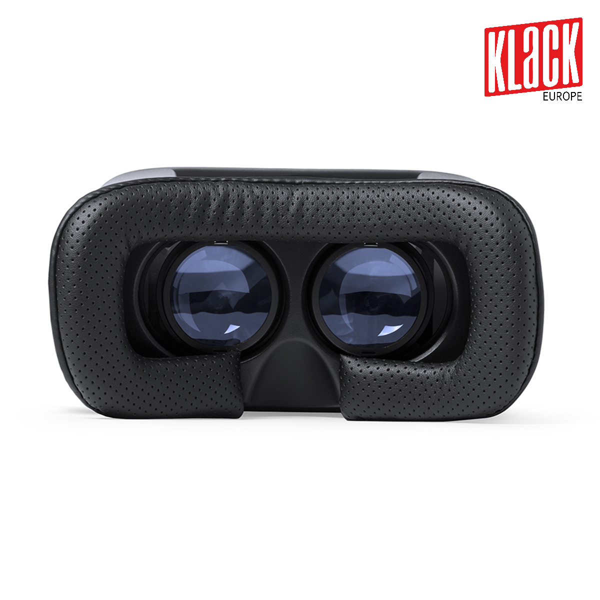 Gafas de realidad virtual con dos lentes, negras con marco acolchado, logo Klack Europe arriba.