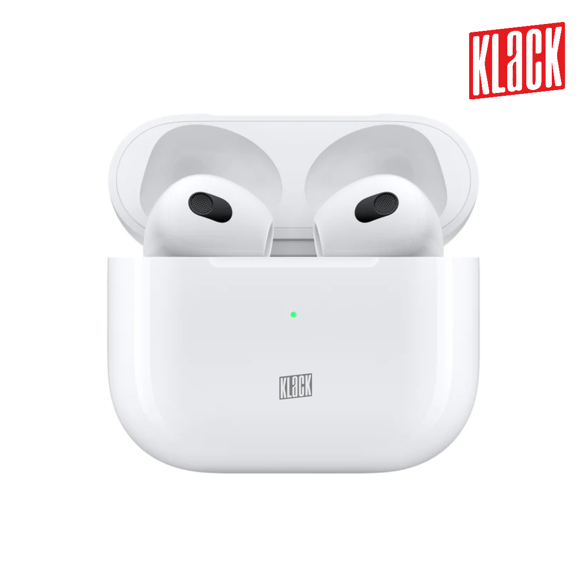 Auriculares inalámbricos blancos en un estuche de carga blanco con el logotipo 'KLACK'.