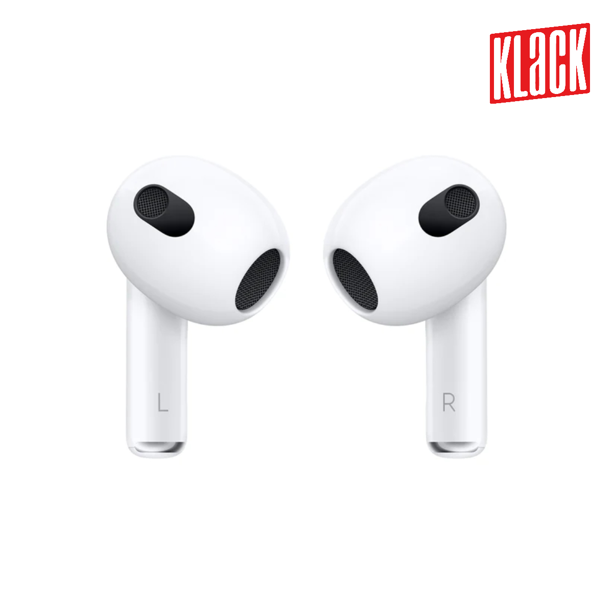 Dos AirPods blancos de Apple sobre fondo blanco. El derecho tiene una 'R' y el izquierdo una 'L'.