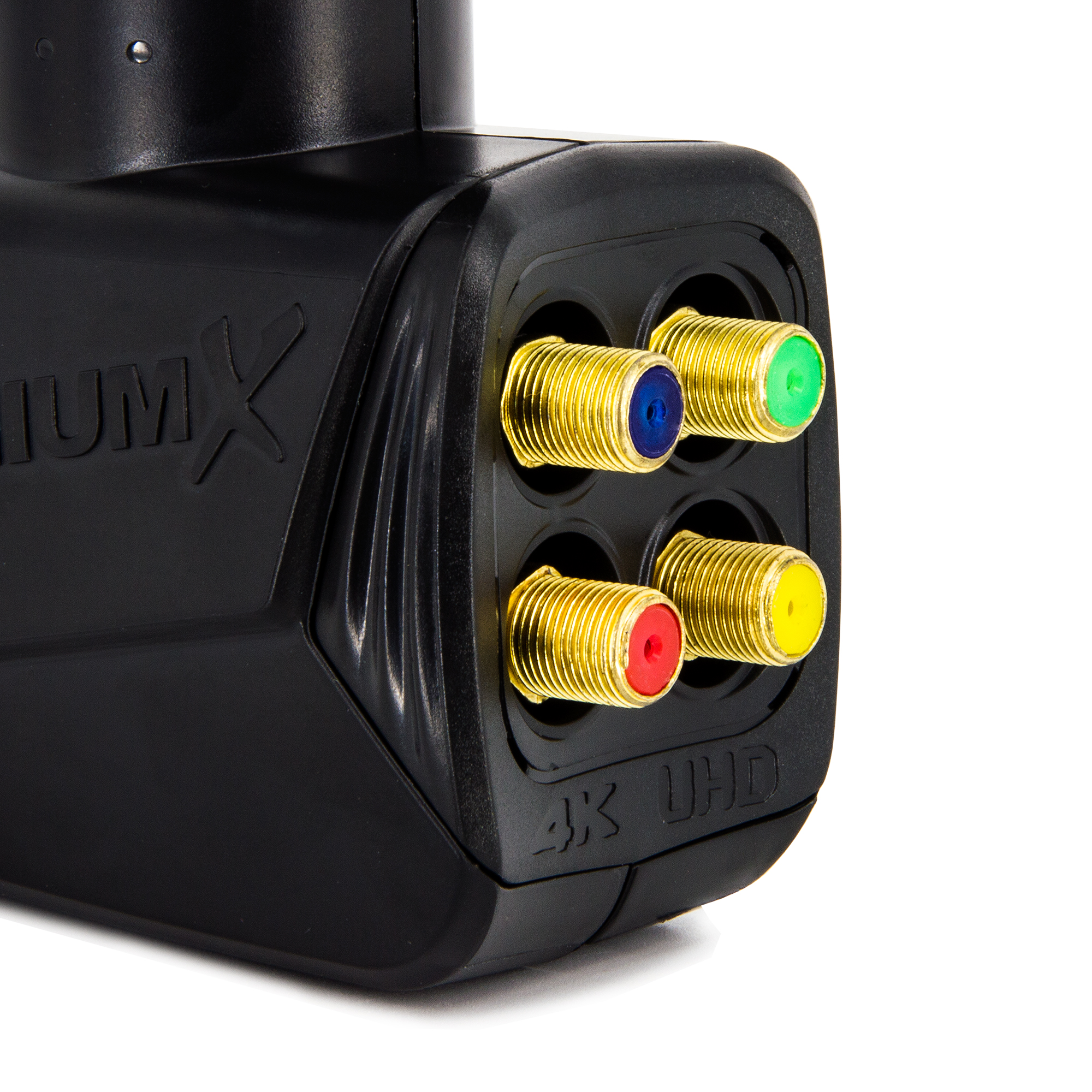 Schwarzer Stecker mit vier goldfarbenen Anschlüssen, jeder mit farbigem Innenkreis.