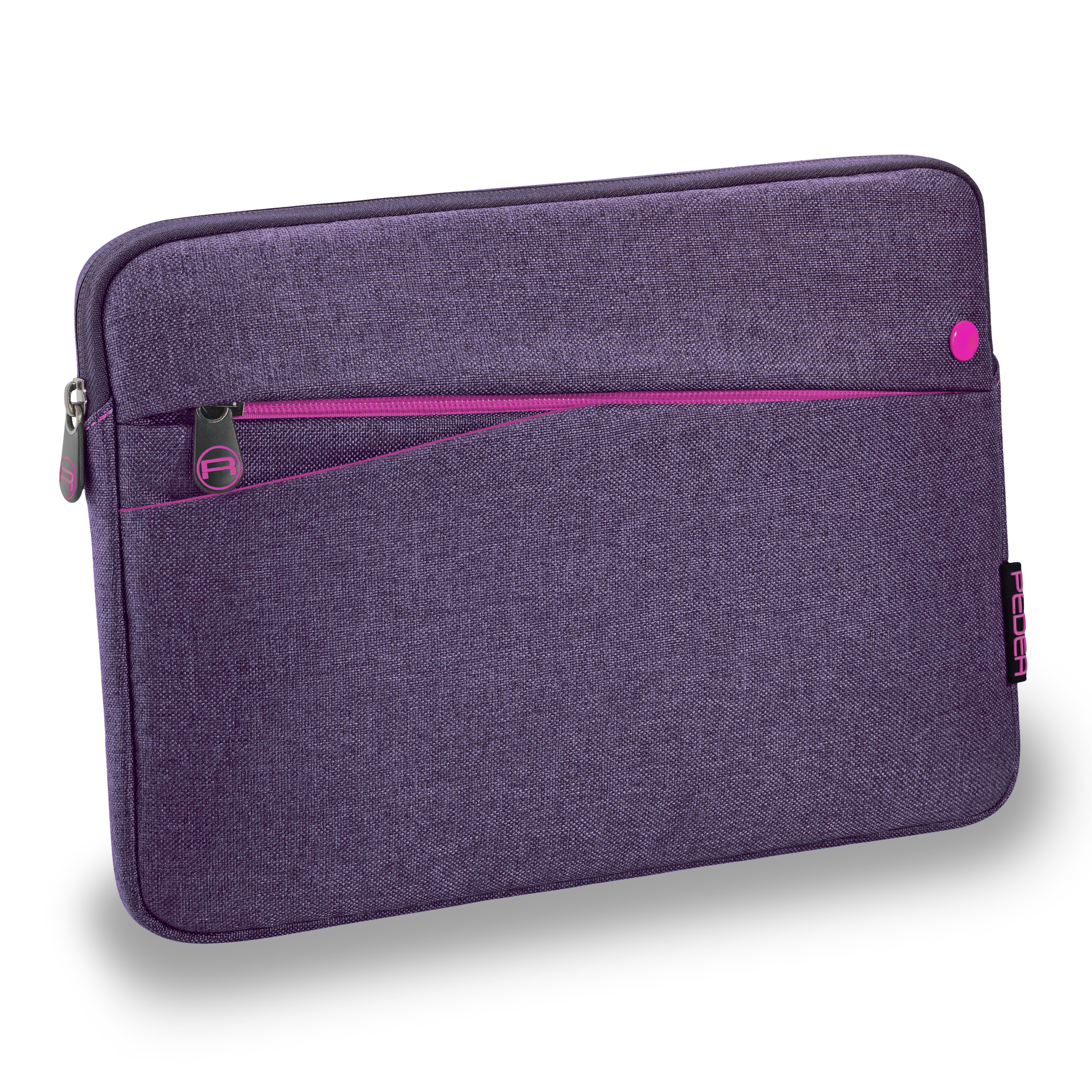 Lila Laptop-Hülle mit rosa Reißverschluss und Zipper. Das Logo ist auf der Vorderseite.