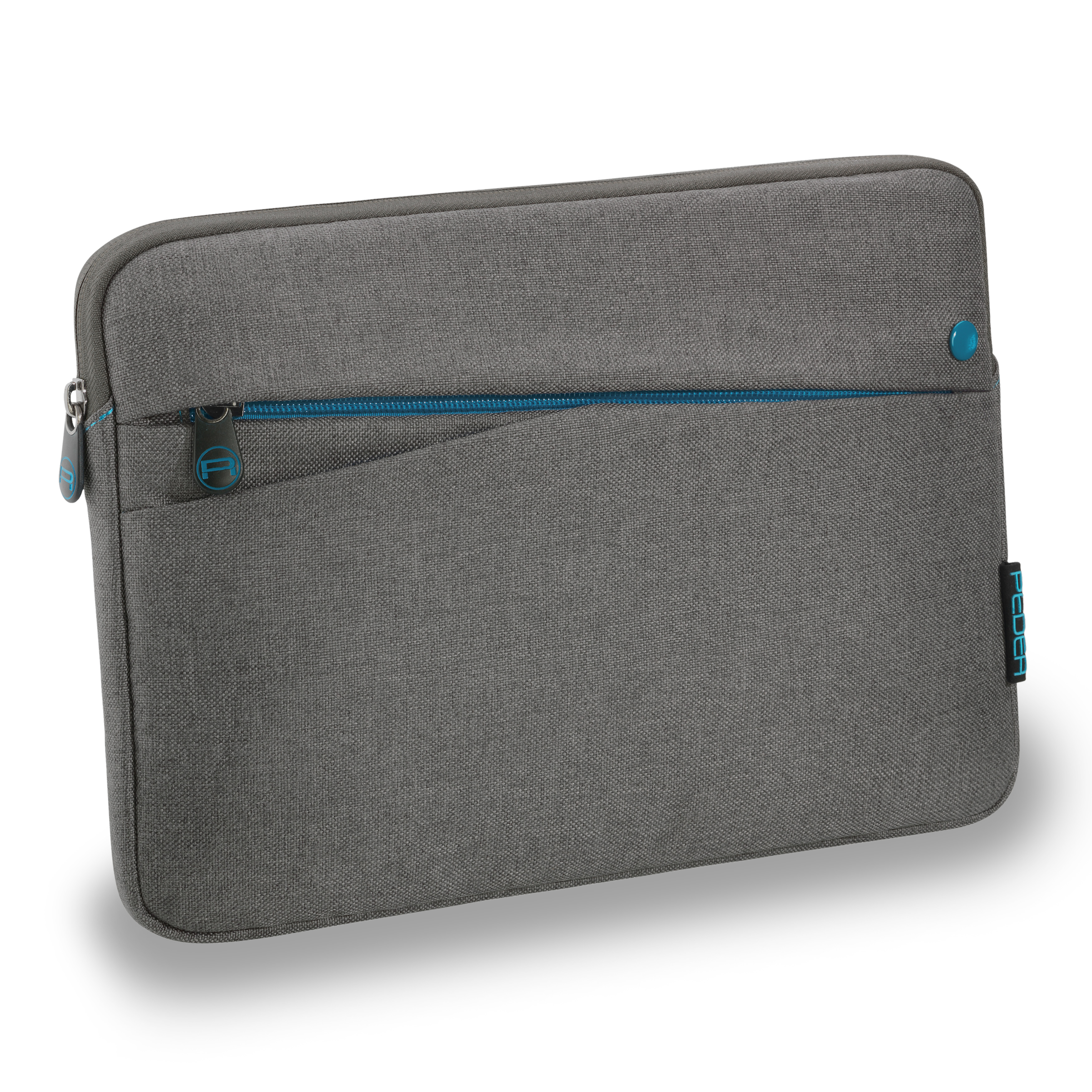 Graue Laptop-Hülle mit Reißverschluss und blauem Design.