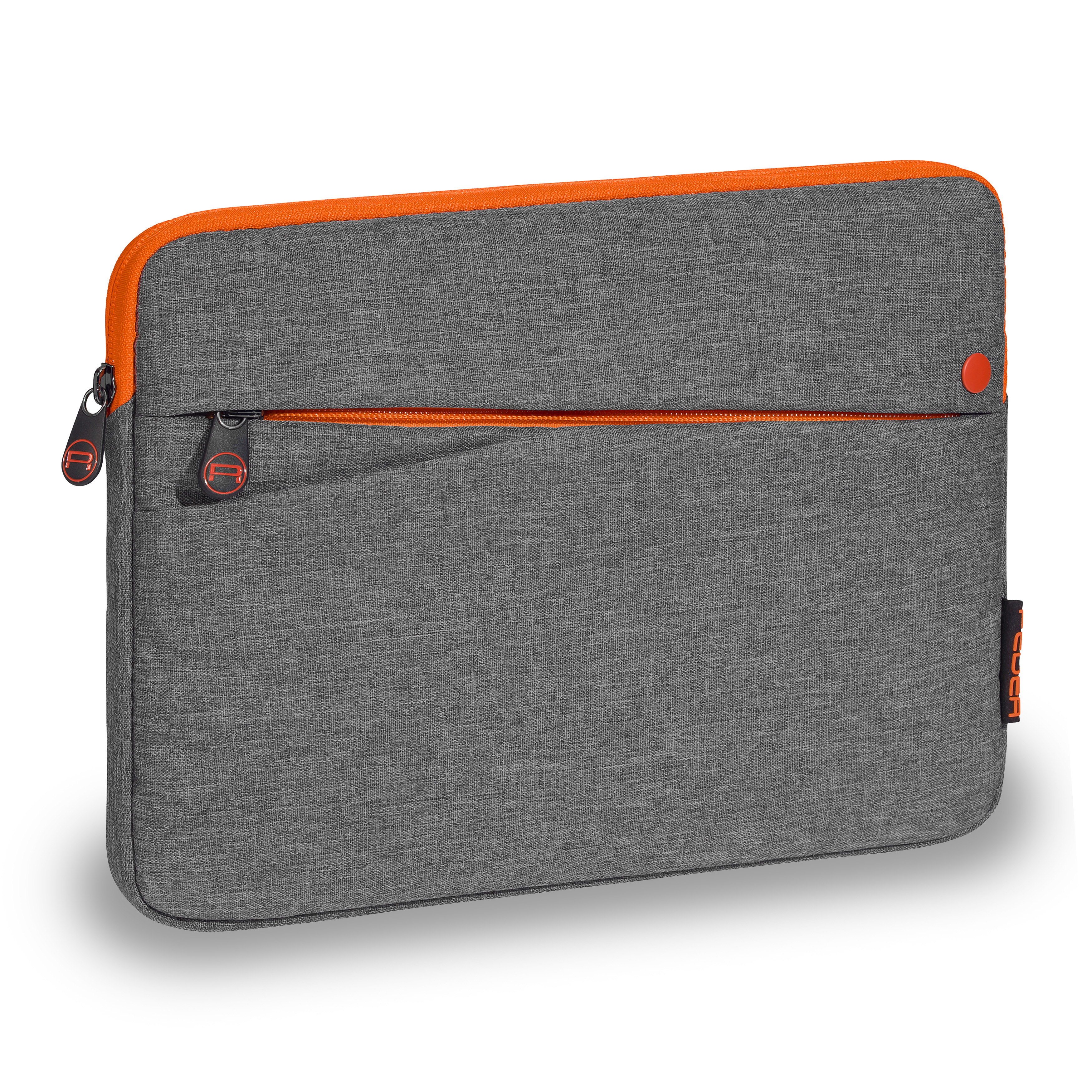 Graue Laptoptasche mit orangefarbenem Reißverschluss. Die Tasche befindet sich auf weißem Hintergrund.