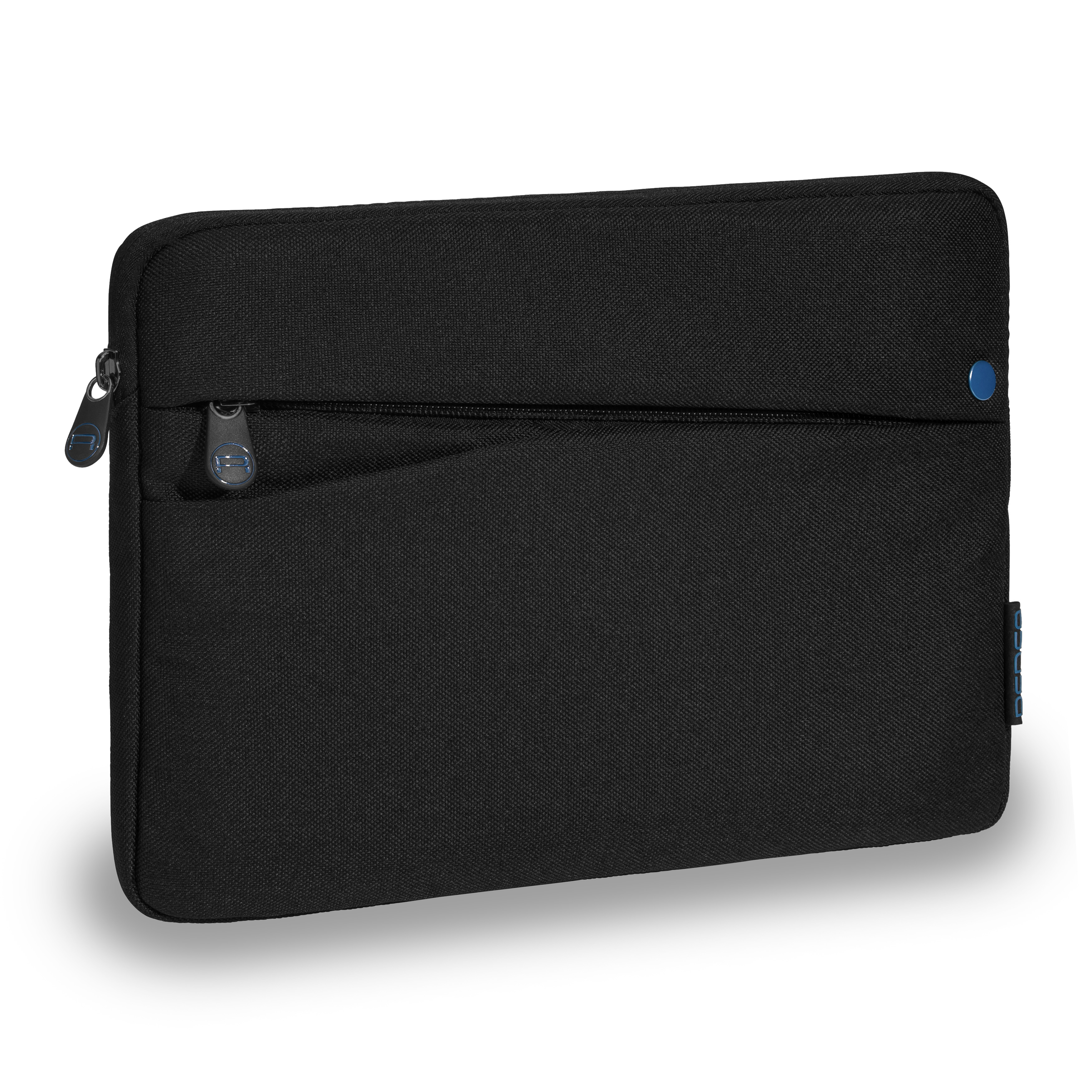 Schwarze Laptop-Hülle aus Stoff mit Reißverschluss und kleinem blauen Detail.