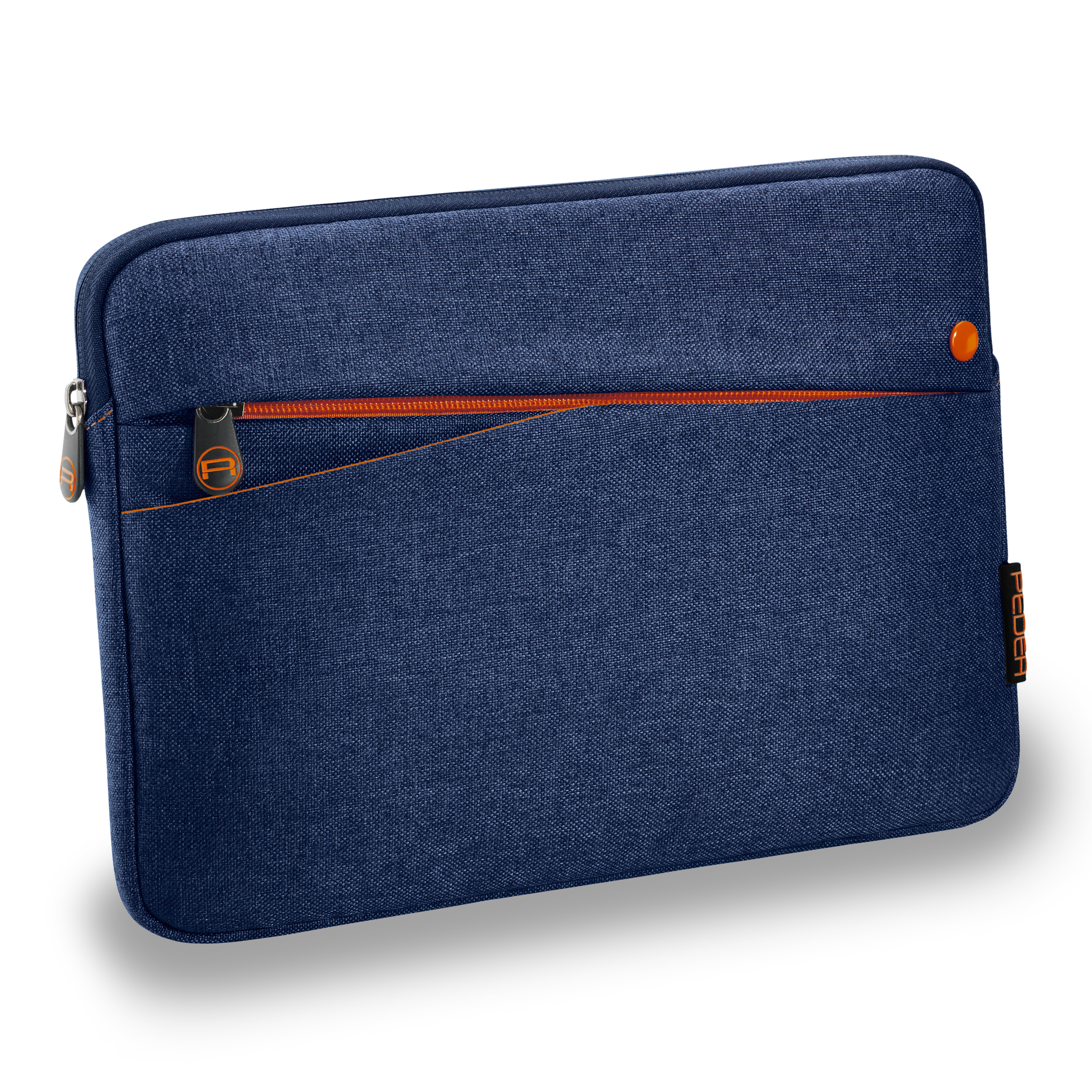 Eine blaue Laptoptasche mit orangefarbenem Reißverschluss und Detail. Weißer Hintergrund.