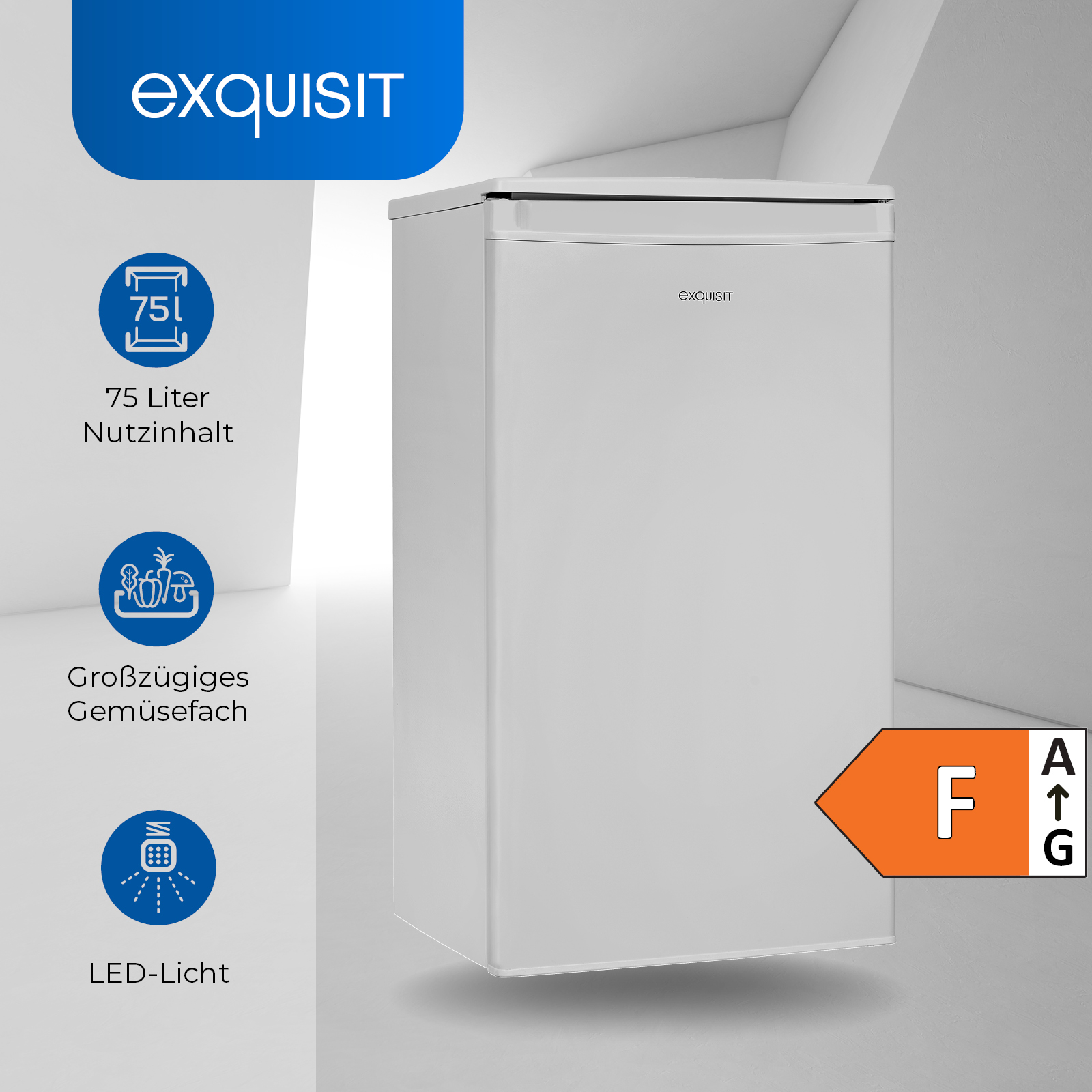 Weißer Kühlschrank mit Exquisit-Logo, Energielabel und Funktionssymbolen.