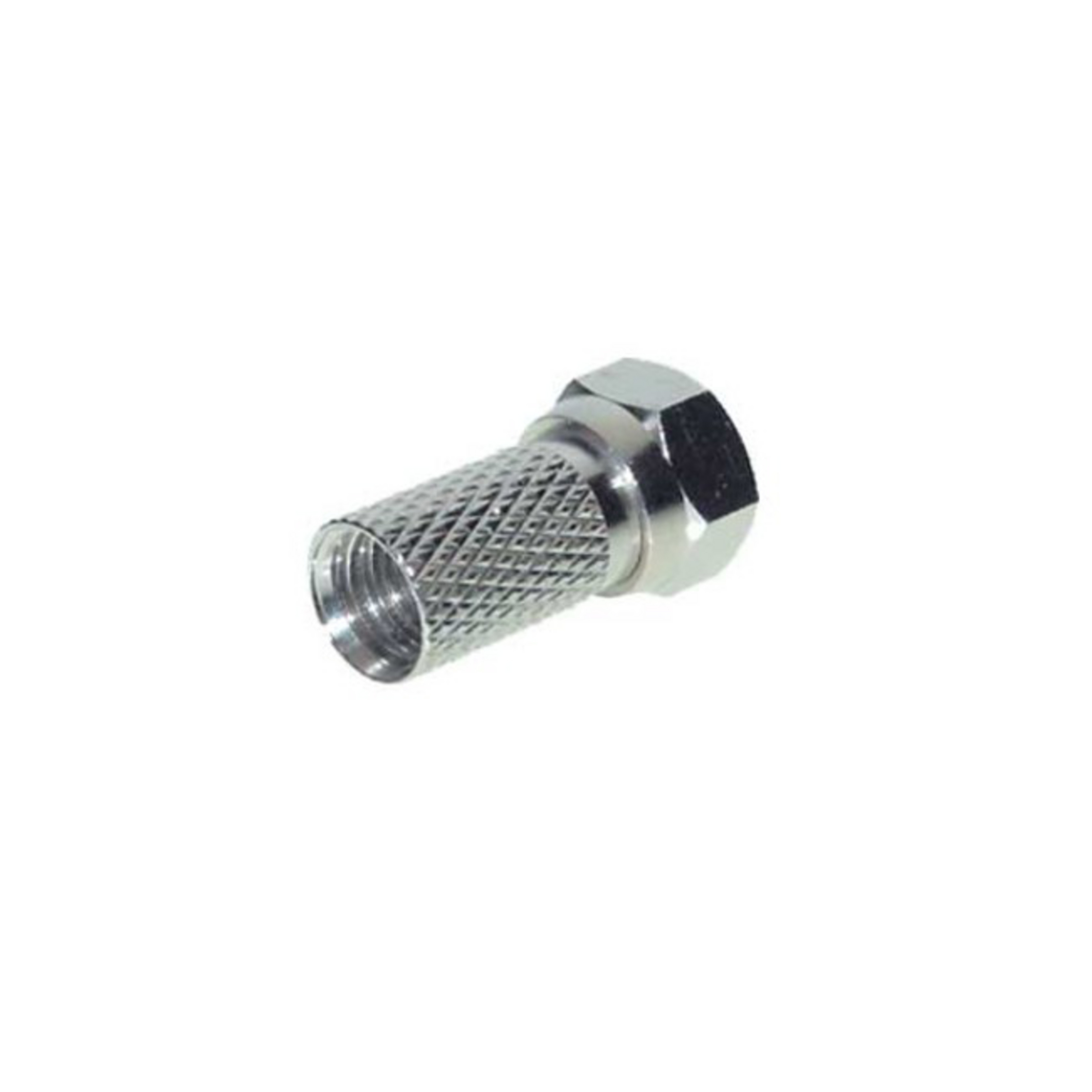 Ein metallischer Koaxialstecker auf weißem Grund, mit geriffelter Hülse und Sechskantmutter.
