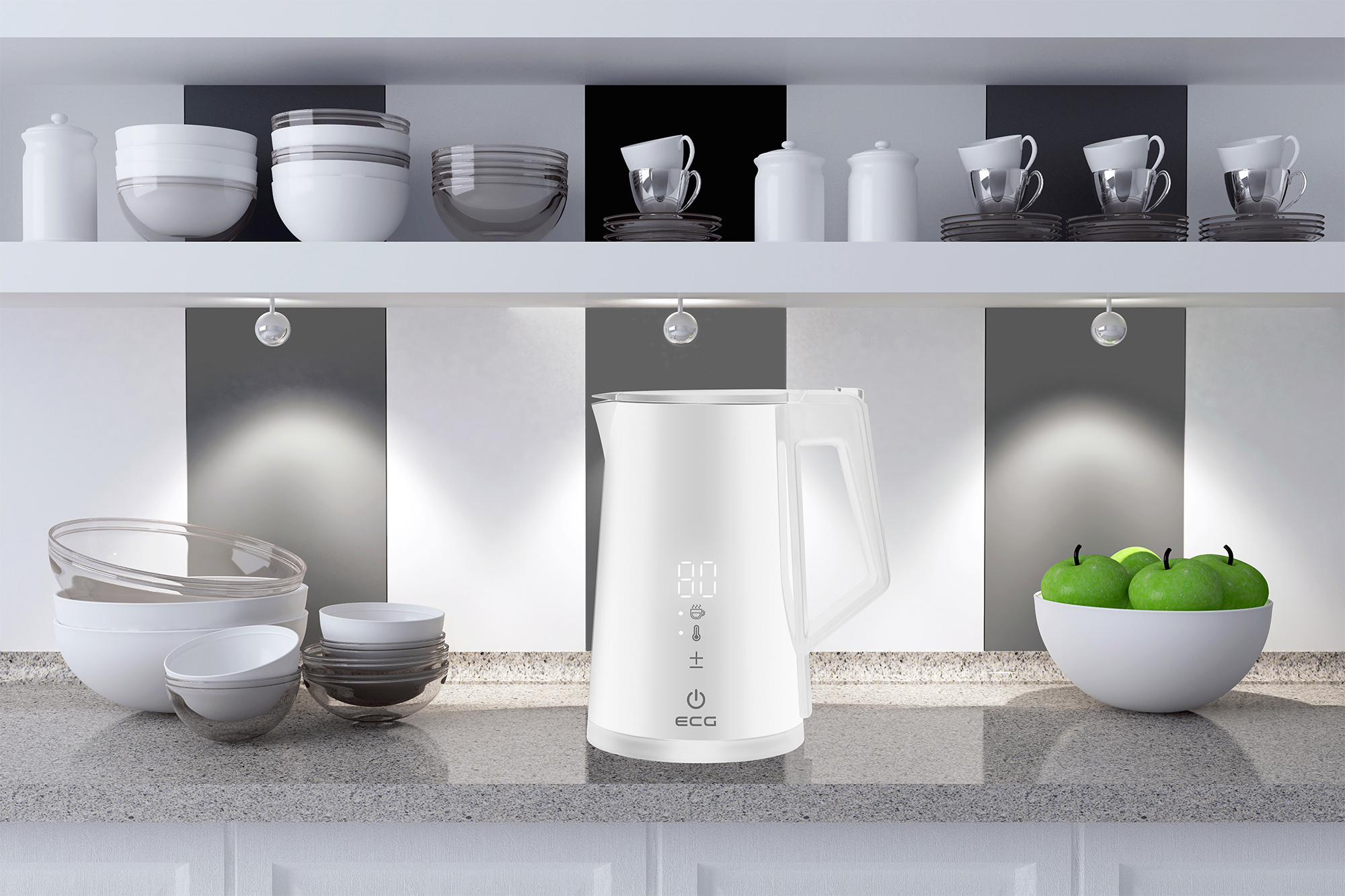 Biały czajnik elektryczny na blacie z kilkoma przedmiotami w tle.