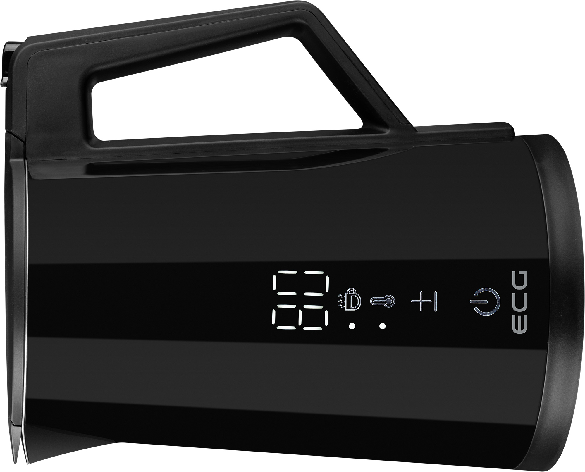 Czarny grzejnik elektryczny z wyświetlaczem cyfrowym i przyciskami sterowania, widok z boku.