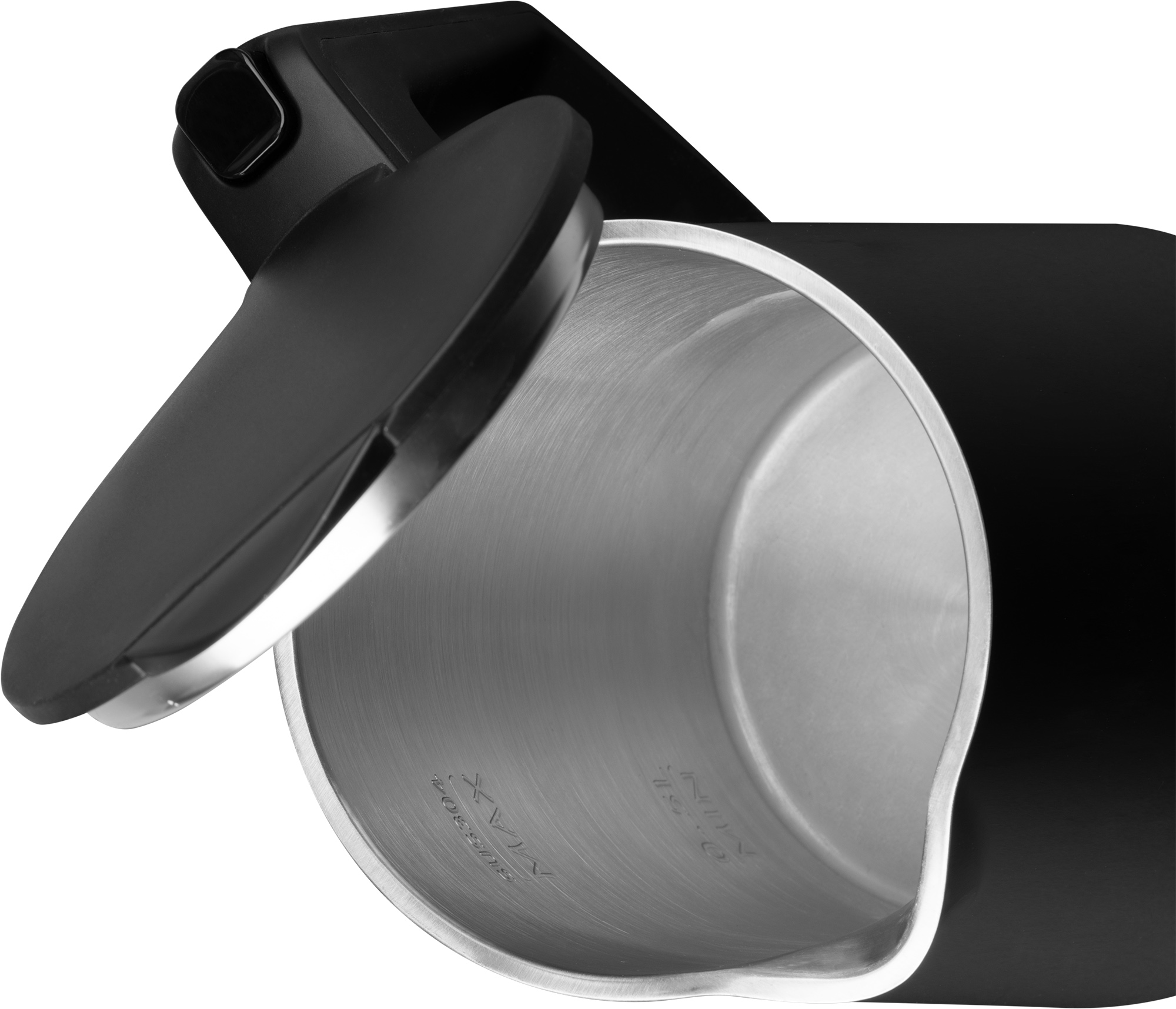 Czarny czajnik elektryczny. Pokrywa otwarta, widać wnętrze. Wnętrze ze stali nierdzewnej.