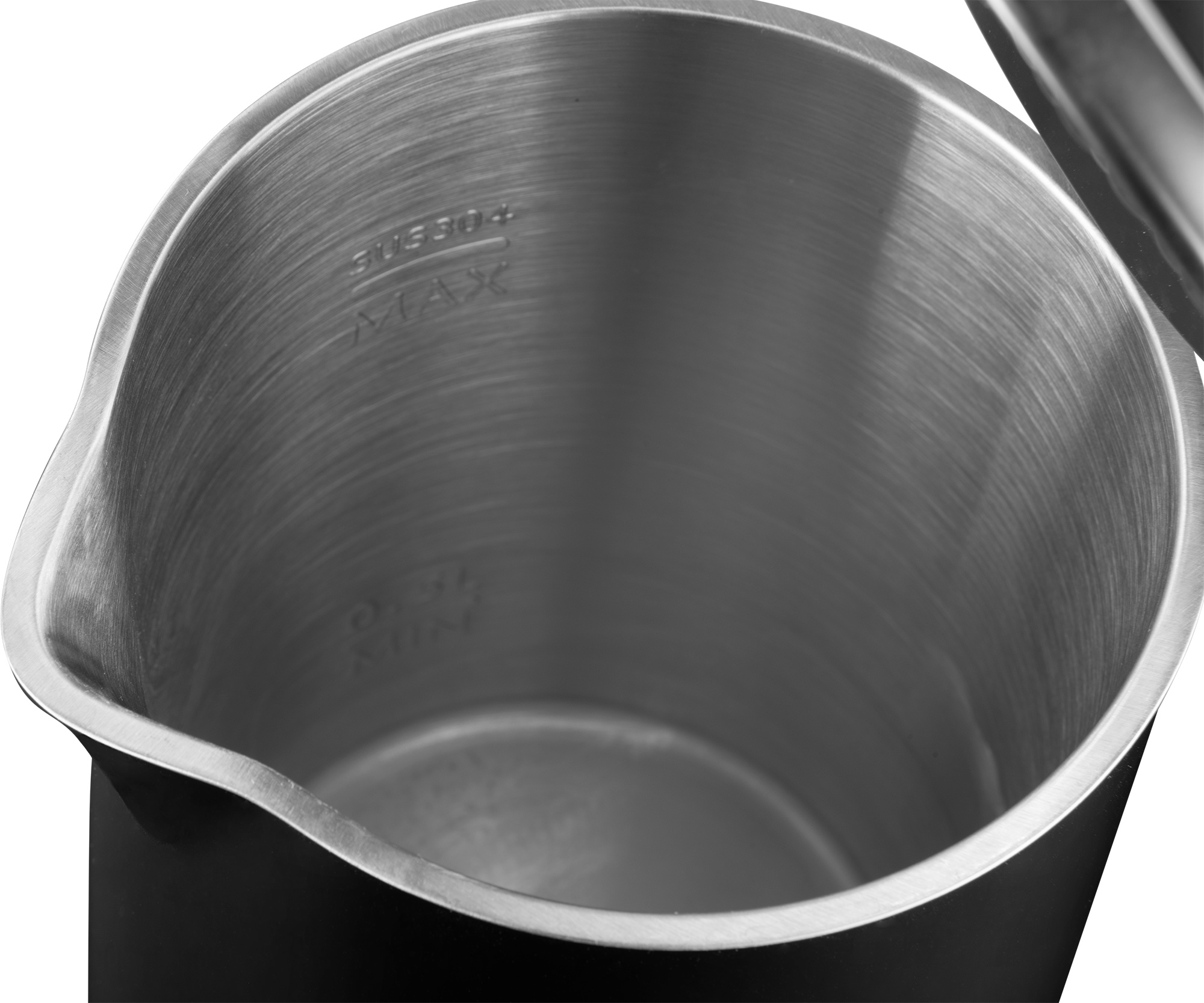 Wnętrze srebrnego, metalowego dzbanka z oznaczeniami 'SUS304' i 'MAX'.