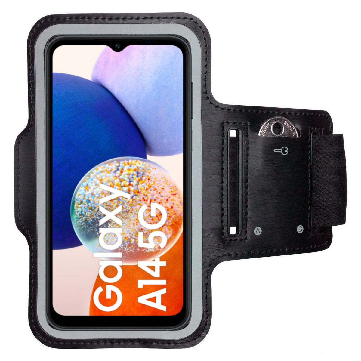 Schwarze Armbinde mit Telefon, das Galaxy A14 5G zeigt. Inklusive Schlüsselfach.