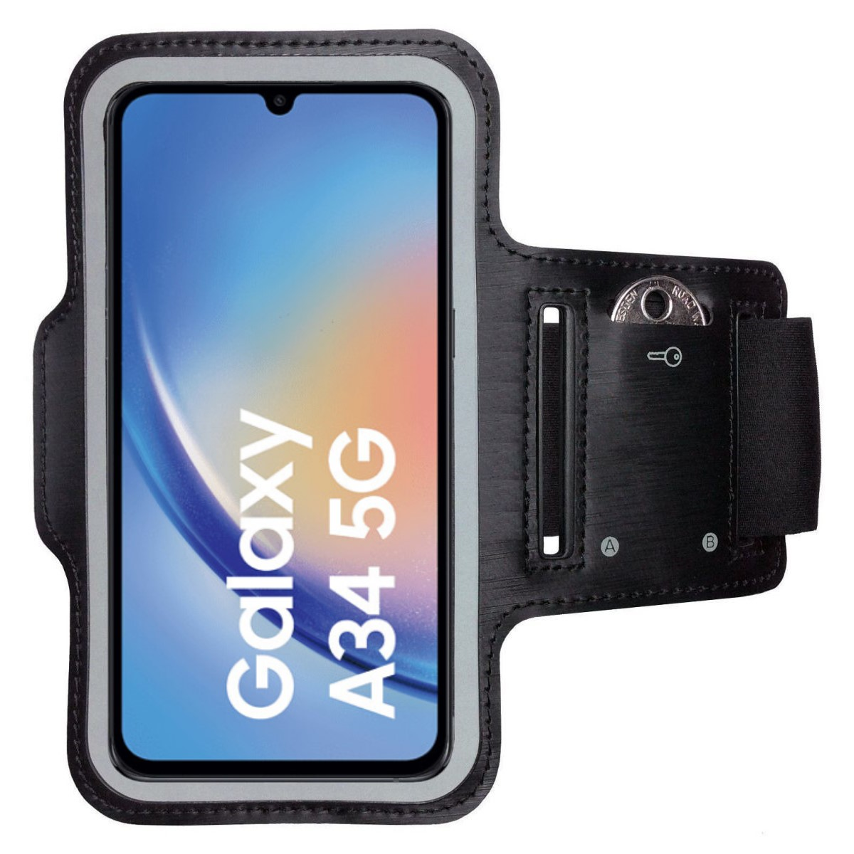 Schwarze Armbinde mit Telefon, das Galaxy A34 5G zeigt, auf weißem Hintergrund.