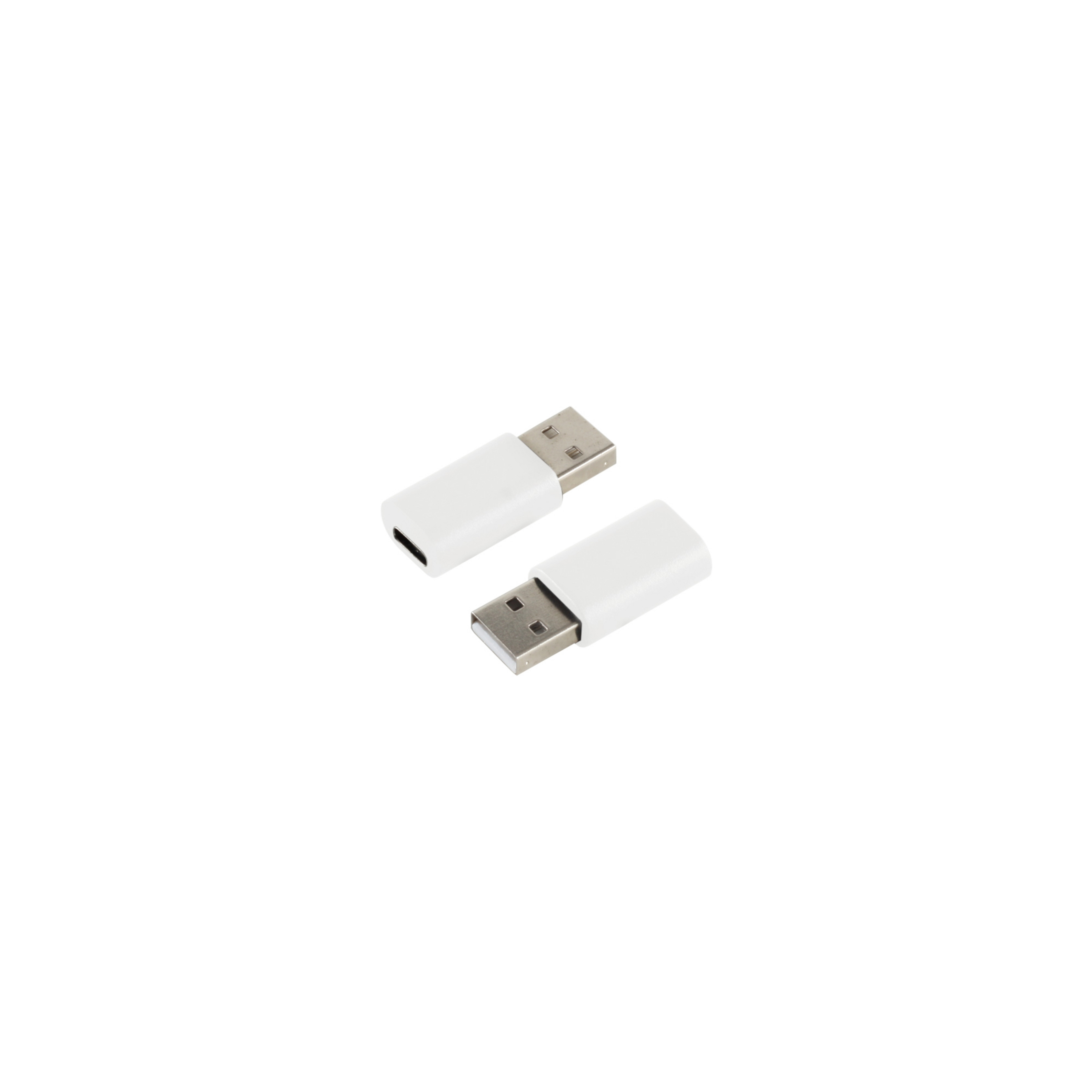 Zwei weiße USB-Anschlüsse werden vor weißem Hintergrund gezeigt, mit klaren Details.