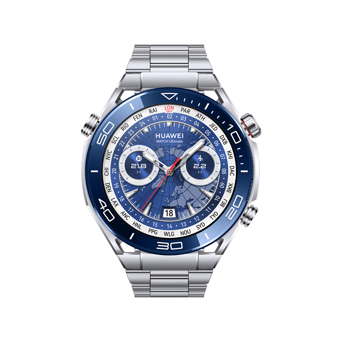 Huawei Watch Ultimate argento. Quadrante blu con mappa del mondo e display digitali, cinturino argento.