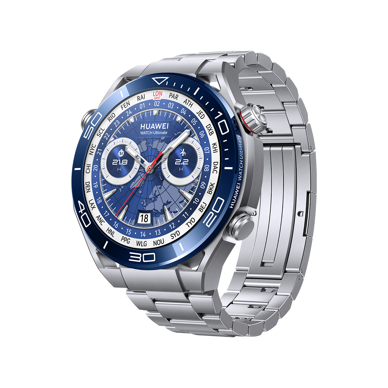 Smartwatch argentato con lunetta blu. L'orologio mostra ora e mappa del mondo.