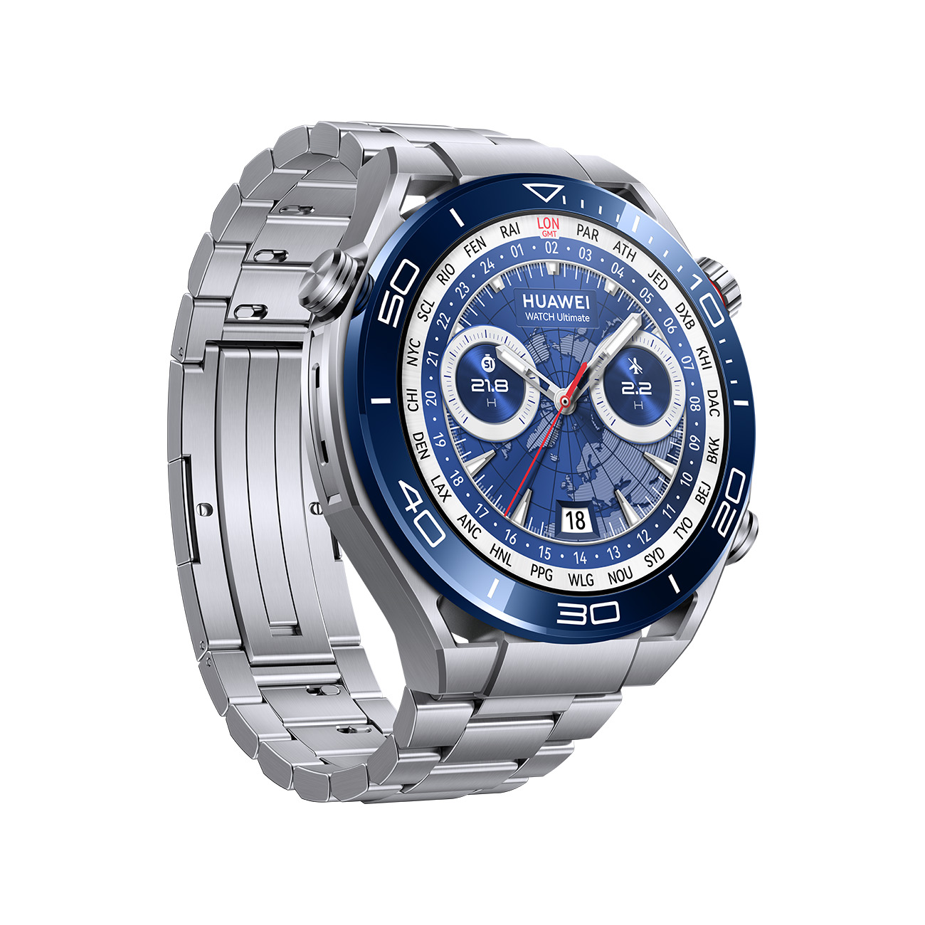 Smartwatch argentato con lunetta blu girevole, che mostra una mappa del mondo sullo schermo, su una superficie bianca.