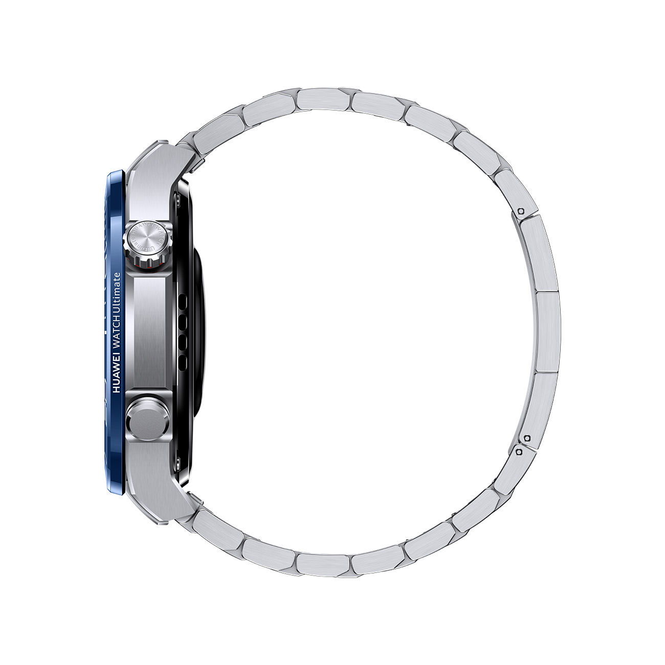 Vista laterale di uno smartwatch Huawei Watch Ultimate argentato. Ha una lunetta blu e un cinturino in metallo.