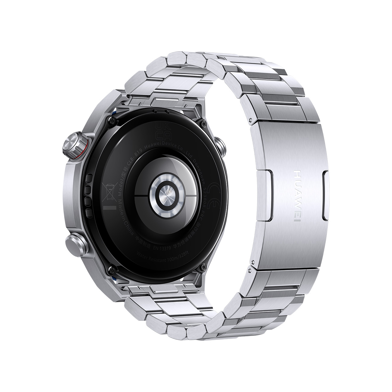 Smartwatch Huawei argentato, lato posteriore, con cinturino in metallo. Sfondo bianco.