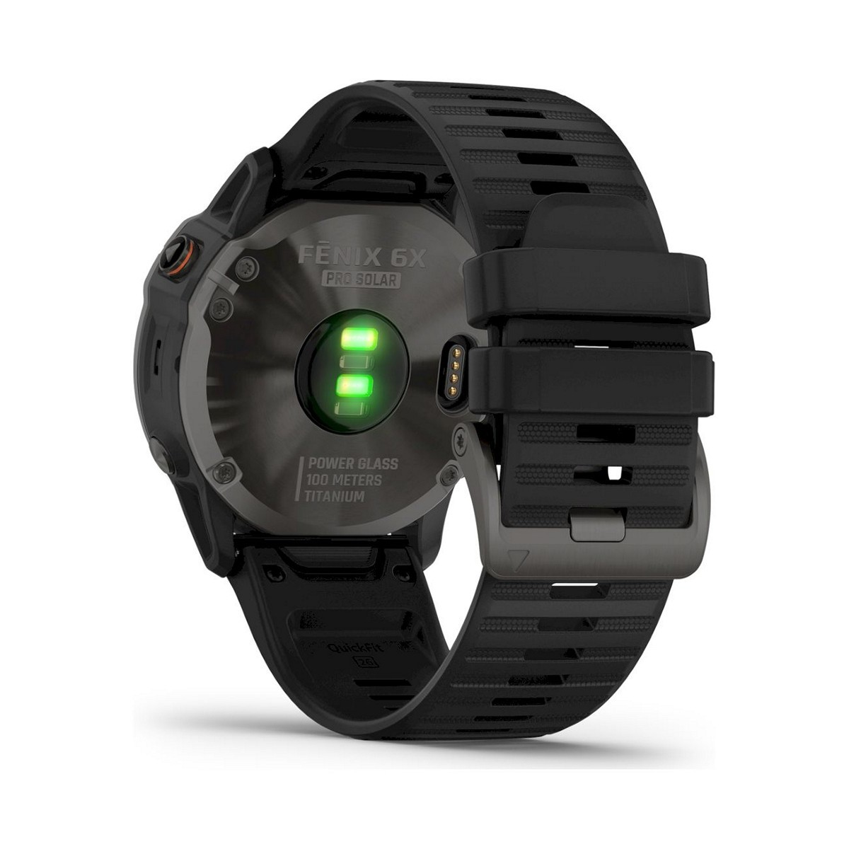 Rückseite einer Garmin Fenix 6X Pro Solar Smartwatch, zeigt Sensoren und Armband.