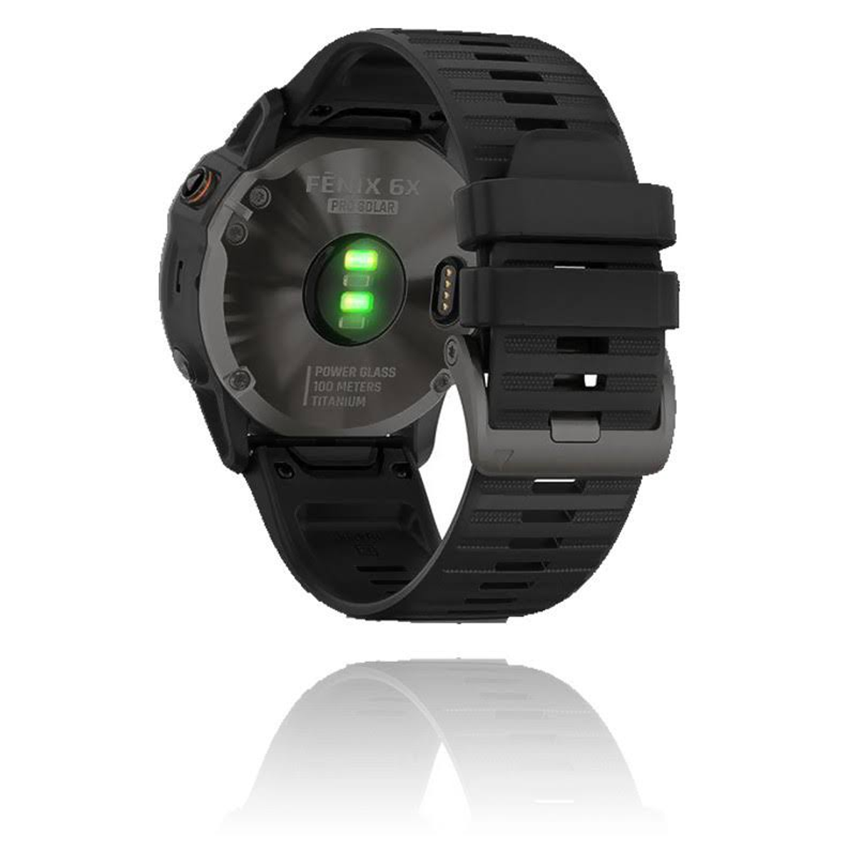 Garmin Fenix 6X Pro Solar Uhr, Rückansicht. Schwarzes Armband, grünes Licht und Power Glass Text sichtbar.