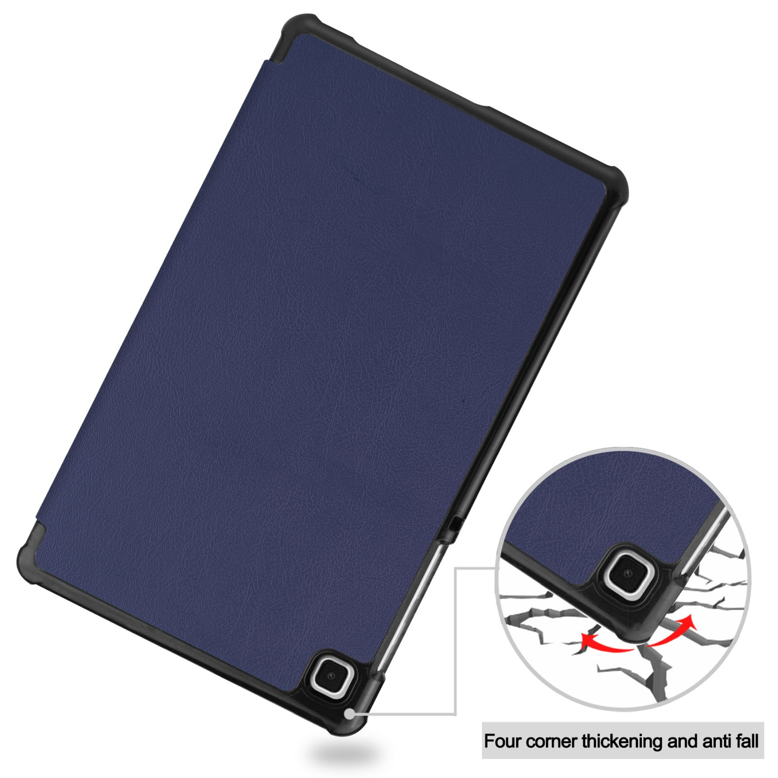 Blaue Tablet-Hülle mit schwarzem Rahmen und Nahaufnahme, die Eckenschutz gegen Stöße zeigt.