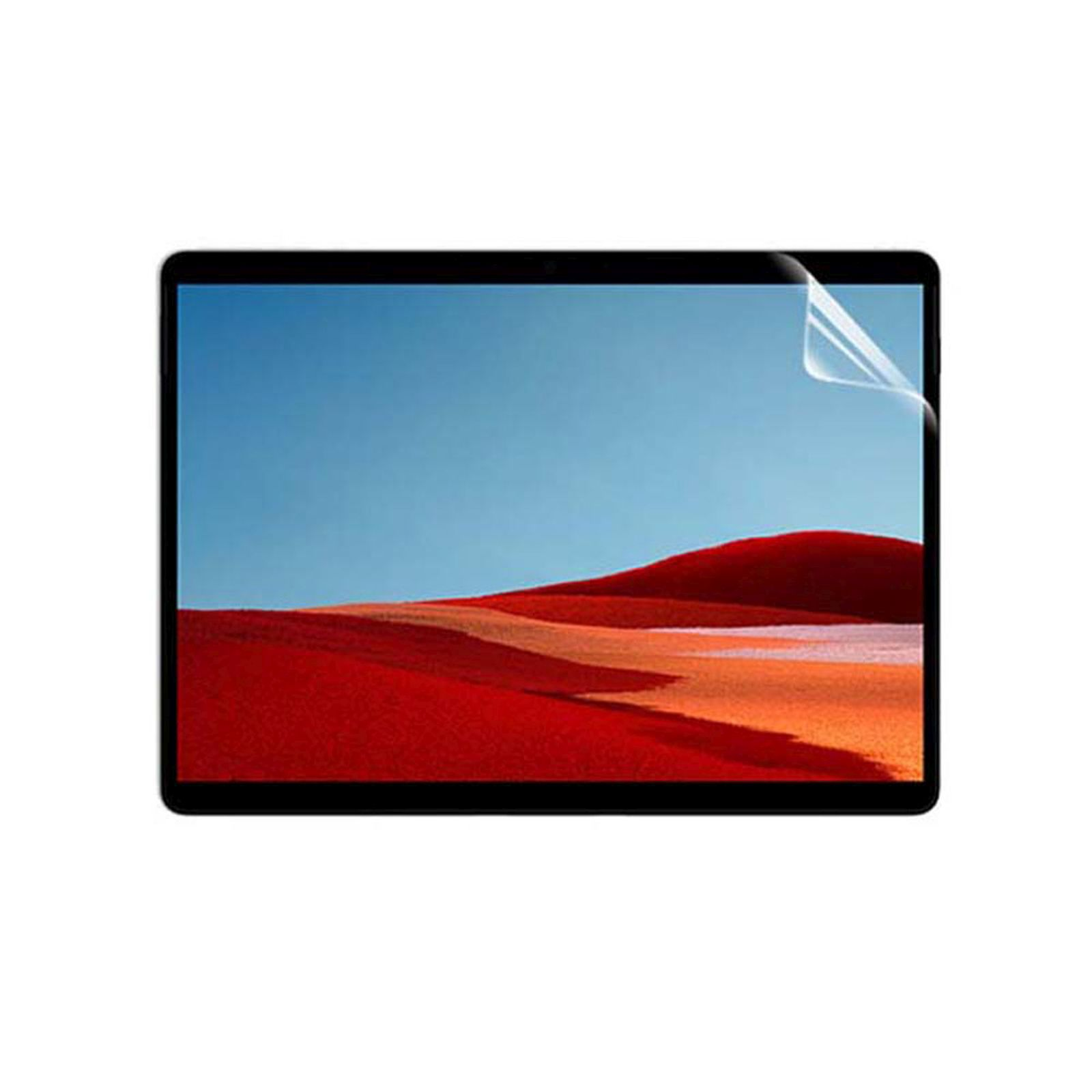Tablet che mostra una protezione per lo schermo. Lo schermo mostra un paesaggio desertico rosso e arancione contro un cielo blu.