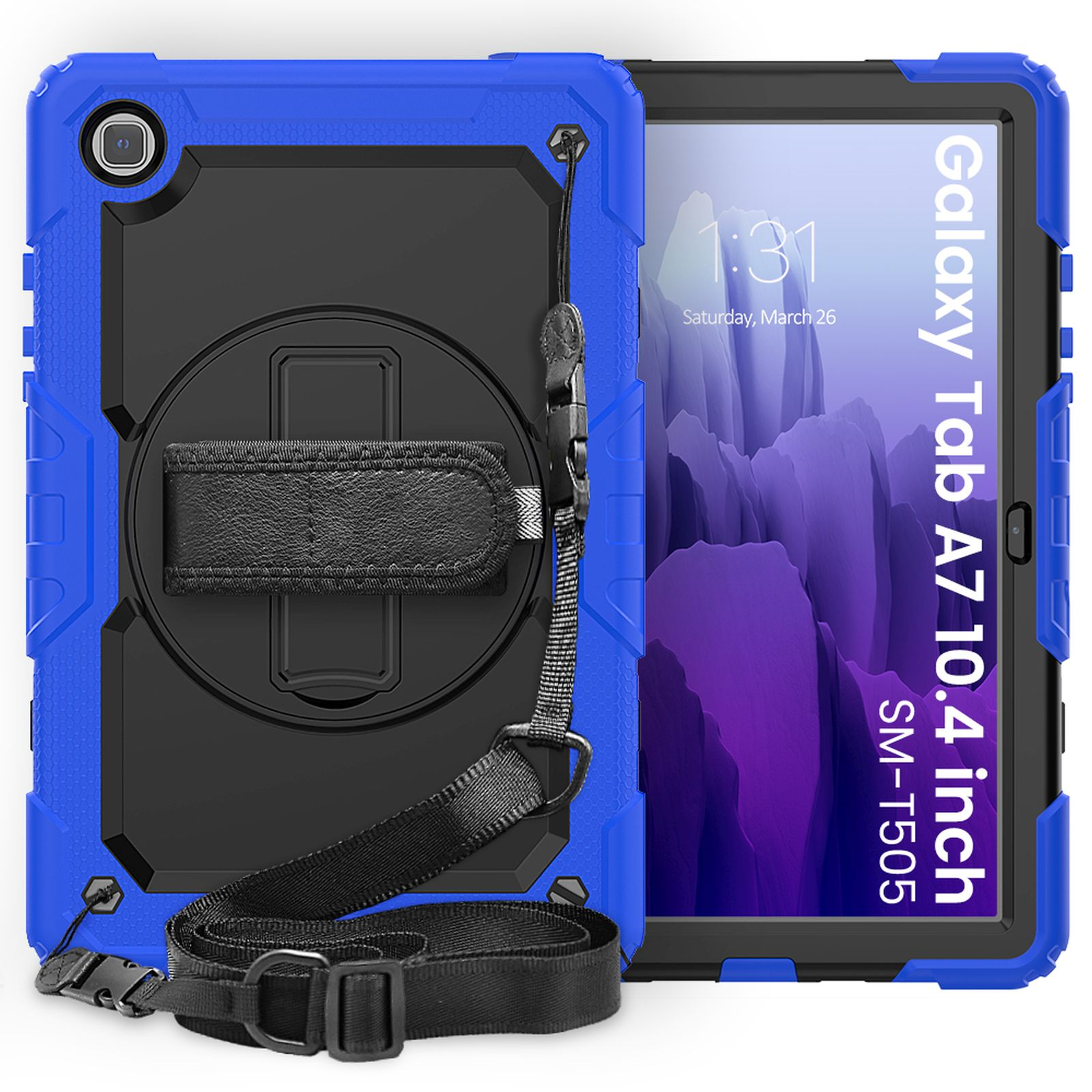 LOBWERK 4in1 Blau Tab Case A7 Zoll Bookcover +Tragegurt 10.4 SM-T500 Kunststoff, T505 Schutzhülle Samsung für Galaxy